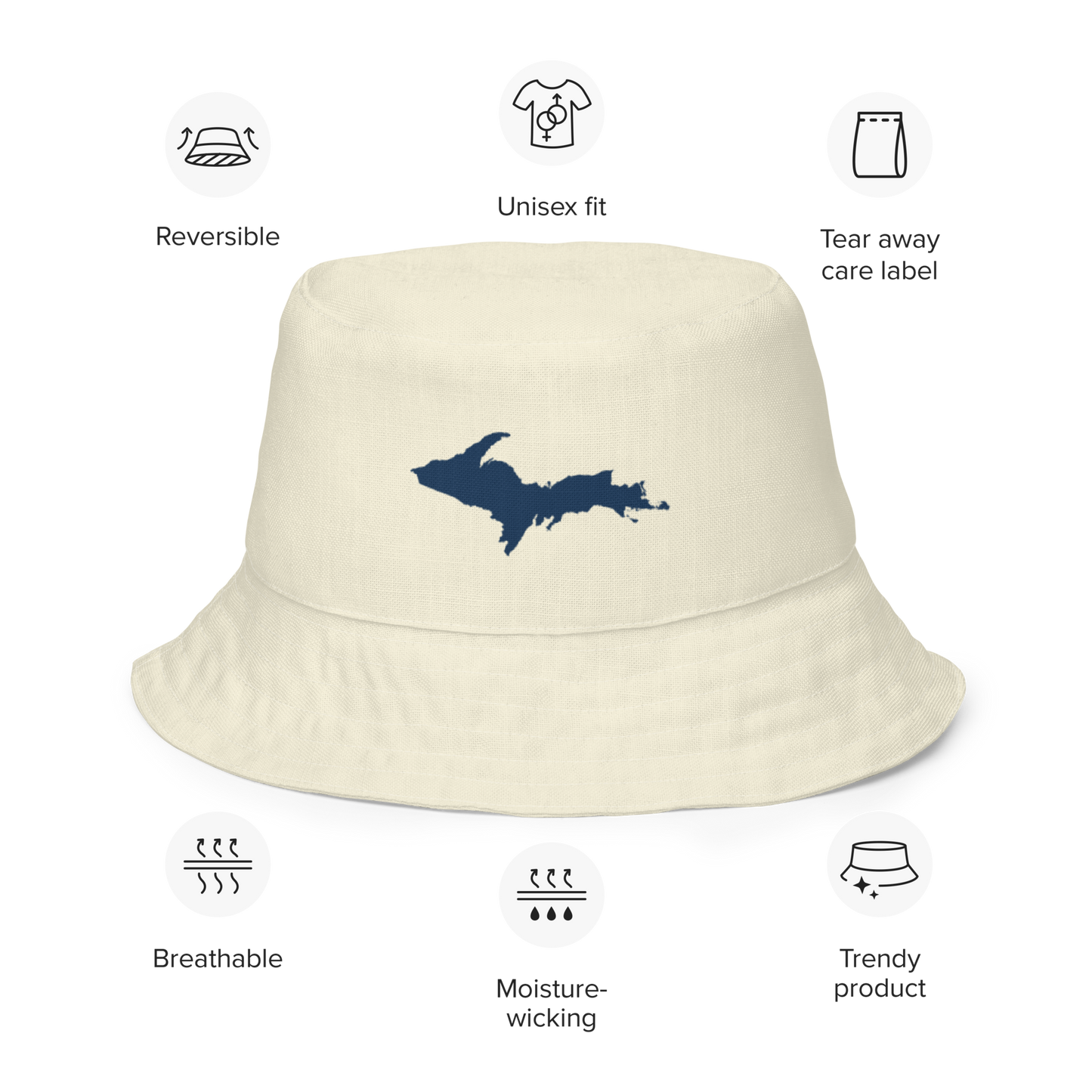 Michigan Upper Peninsula Bucket Hat (w/ Navy UP Outline) | Reversible - Ivory White