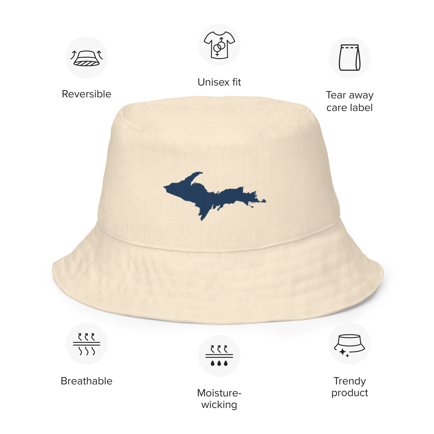 Michigan Upper Peninsula Bucket Hat (w/ Navy UP Outline) | Reversible - Champagne White