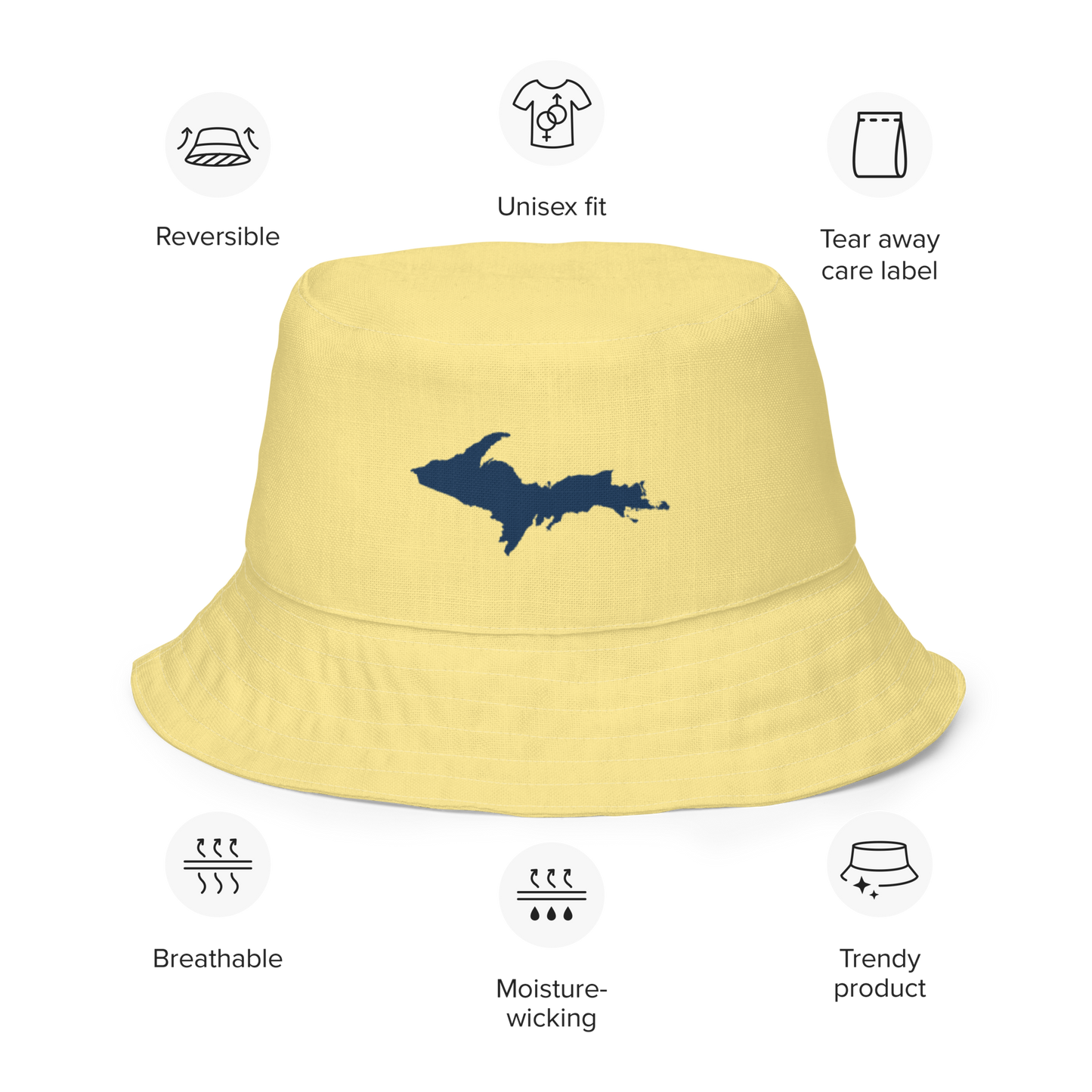 Michigan Upper Peninsula Bucket Hat (w/ Navy UP Outline) | Reversible - Cherry Yellow