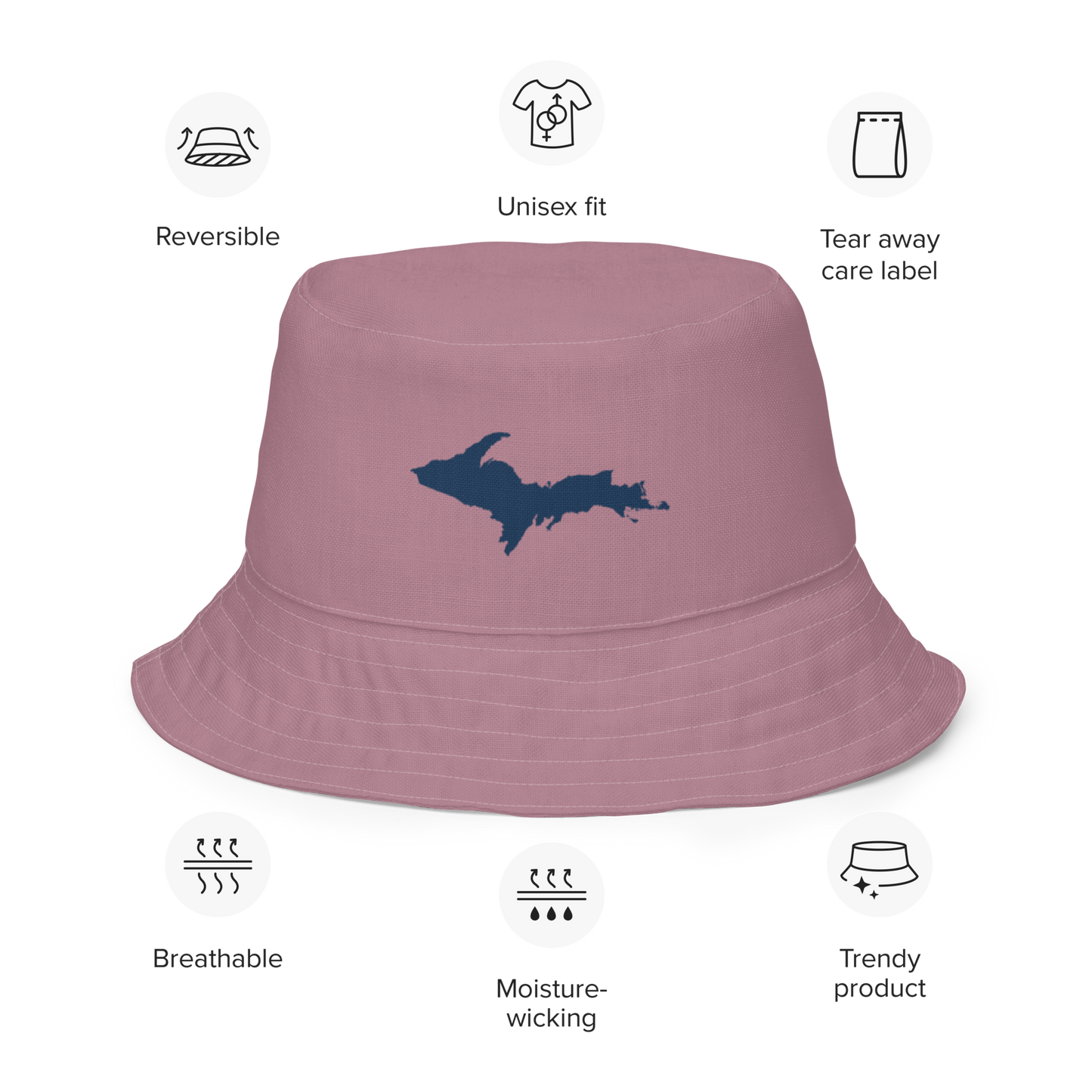 Michigan Upper Peninsula Bucket Hat (w/ Navy UP Outline) | Reversible - Cherry Blossom Pink