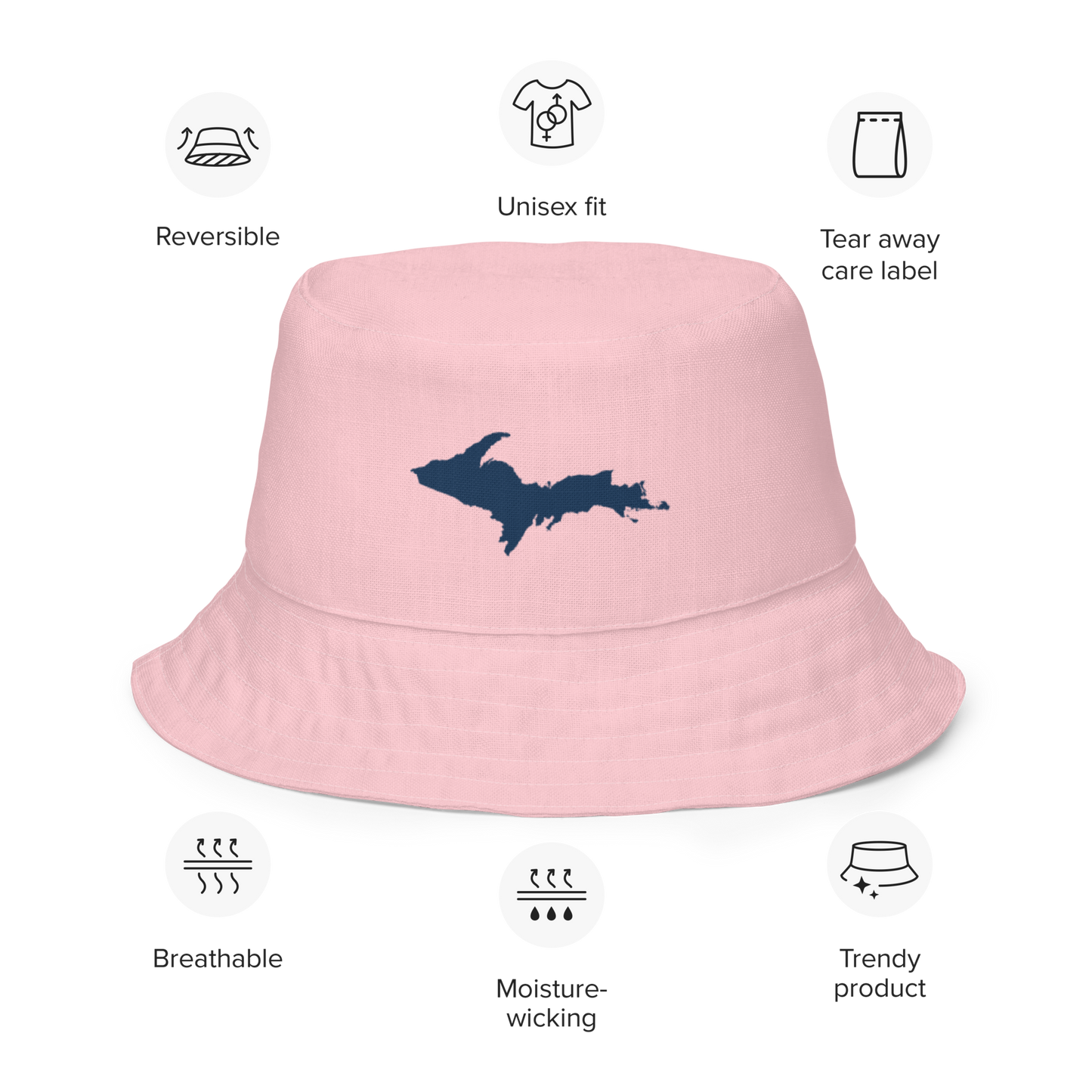 Michigan Upper Peninsula Bucket Hat (w/ Navy UP Outline) | Reversible - Pink