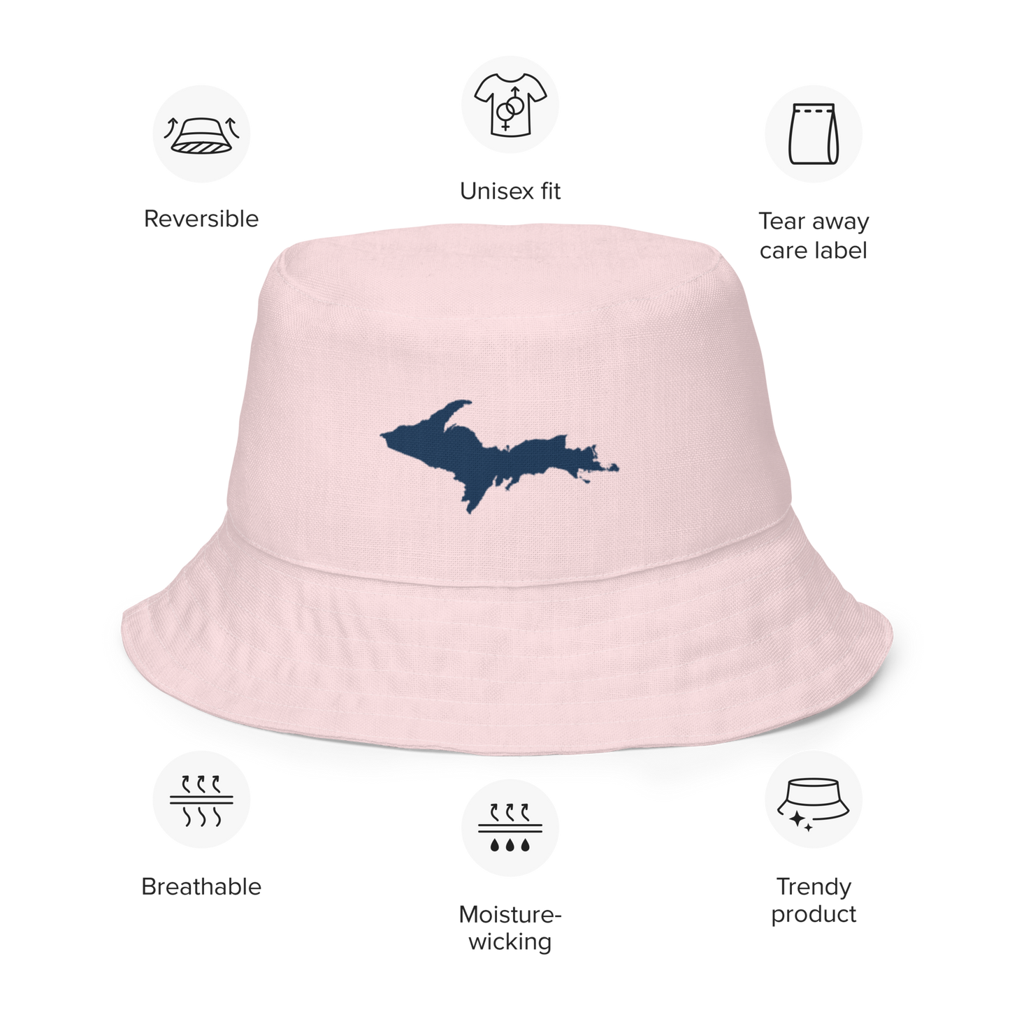 Michigan Upper Peninsula Bucket Hat (w/ Navy UP Outline) | Reversible - Pale Pink