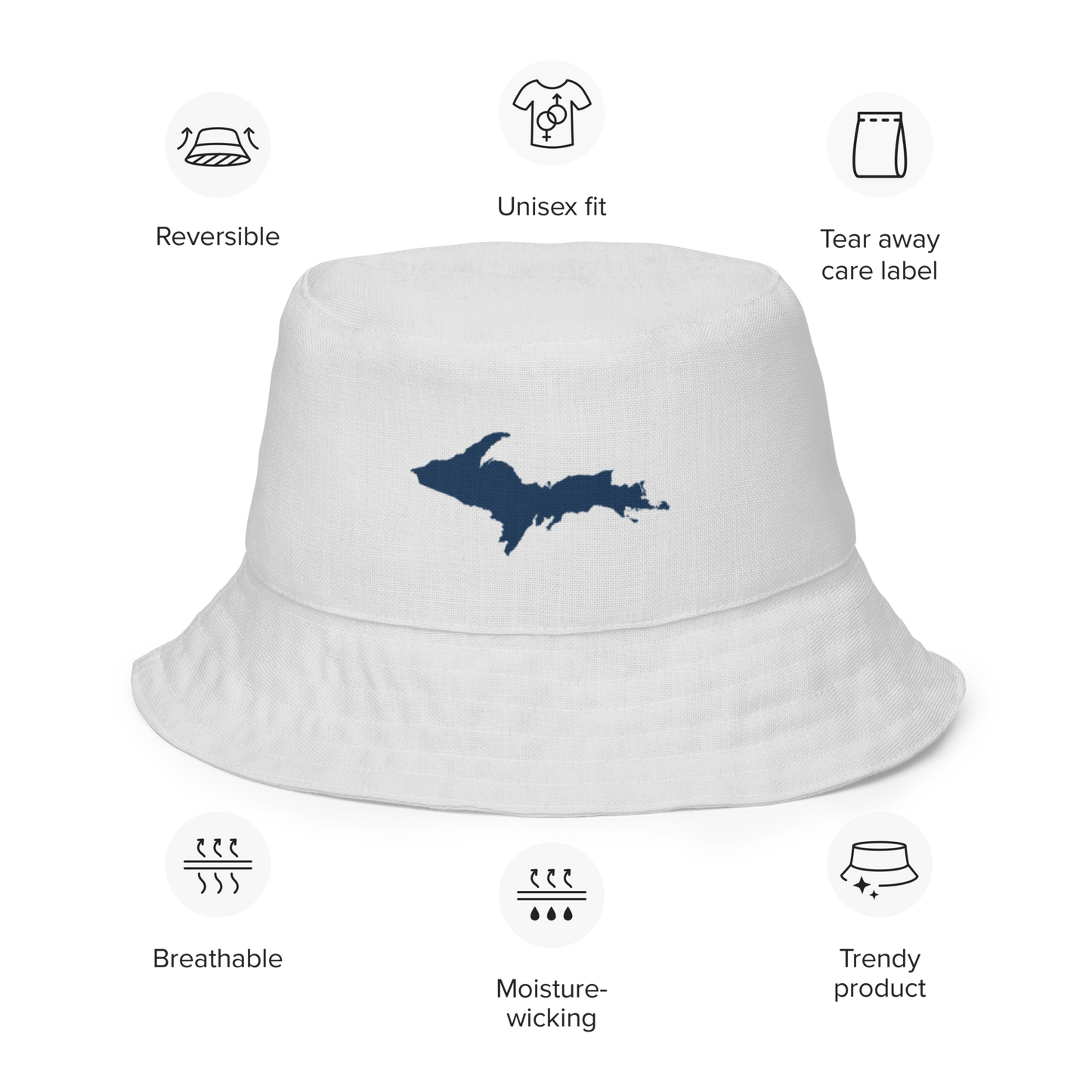 Michigan Upper Peninsula Bucket Hat (w/ Navy UP Outline) | Reversible - Birch Bark White