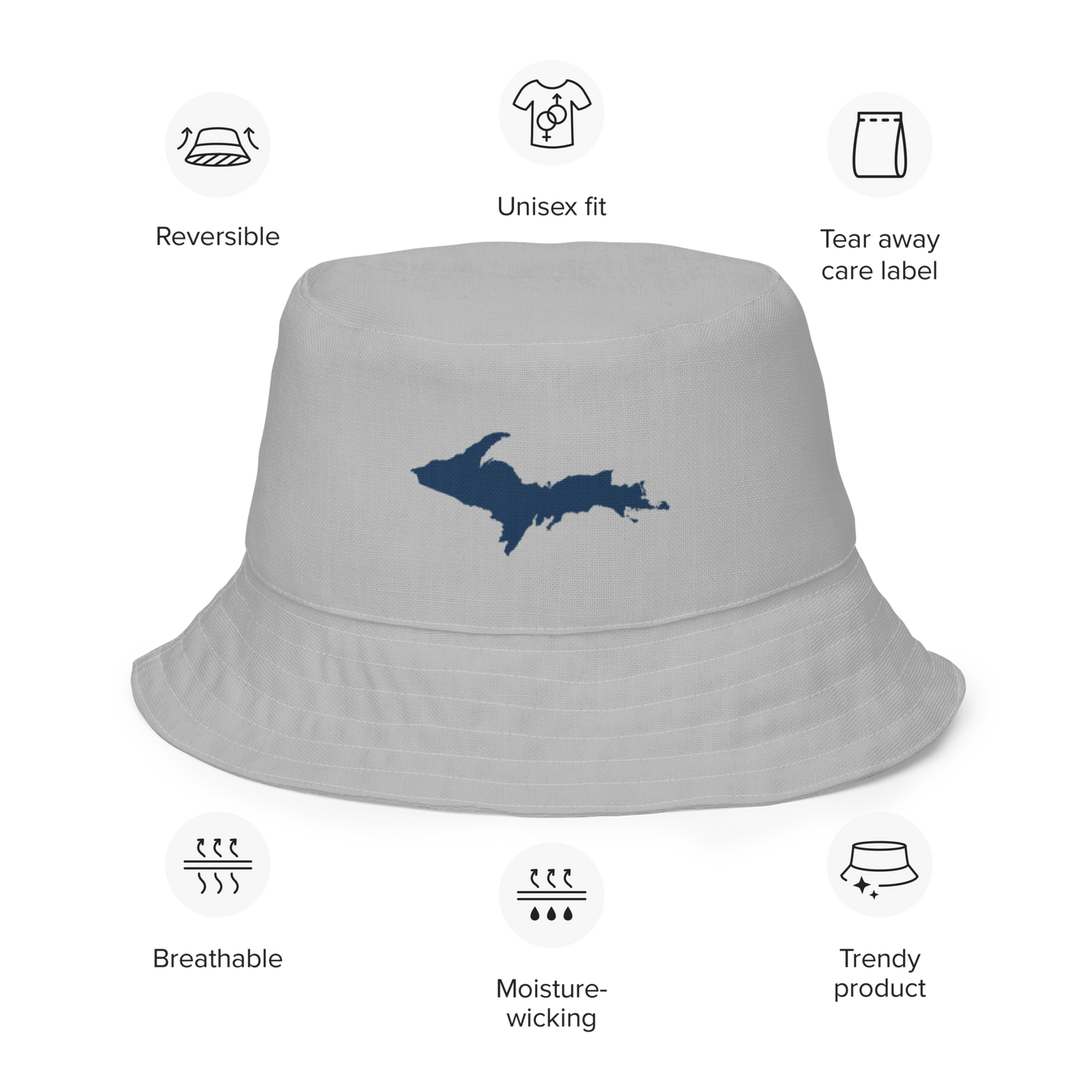 Michigan Upper Peninsula Bucket Hat (w/ Navy UP Outline) | Reversible - Silver