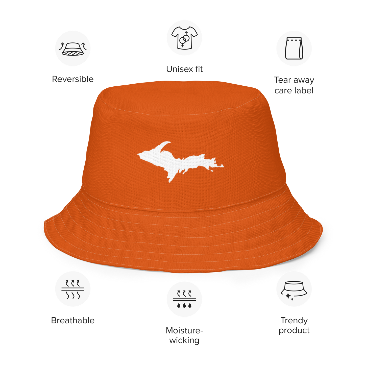 Michigan Upper Peninsula Bucket Hat (w/ UP Outline) | Reversible - Maple Leaf Orange