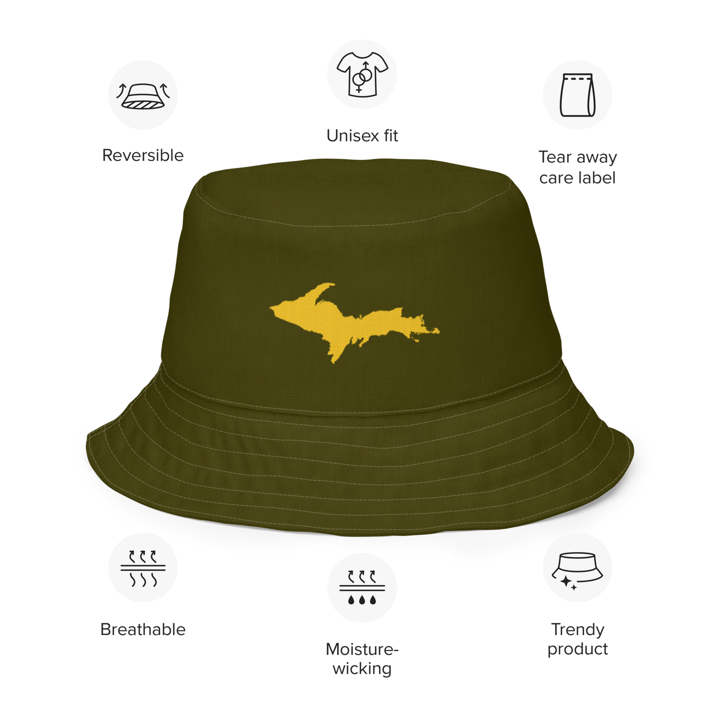 Michigan Upper Peninsula Bucket Hat (w/ Gold UP Outline) | Reversible - Military Green