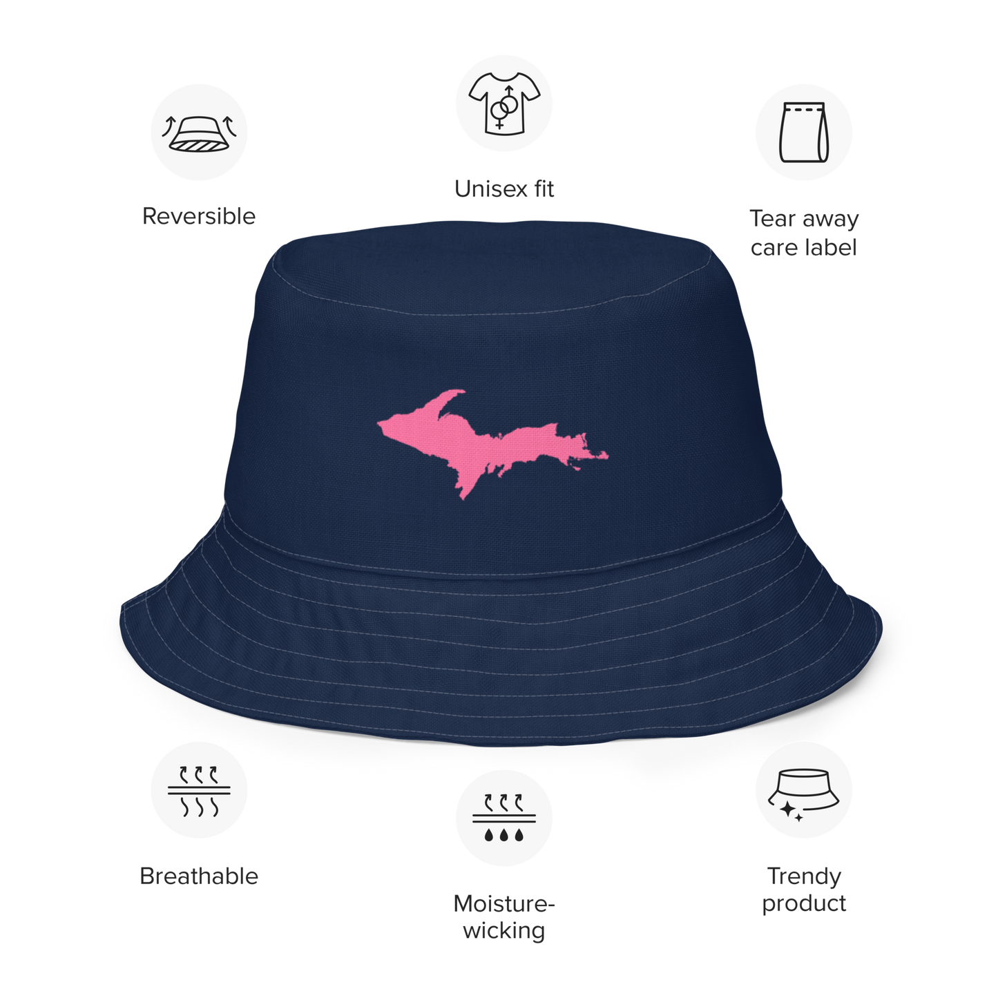 Michigan Upper Peninsula Bucket Hat (w/  Pink UP Outline) | Reversible - Navy