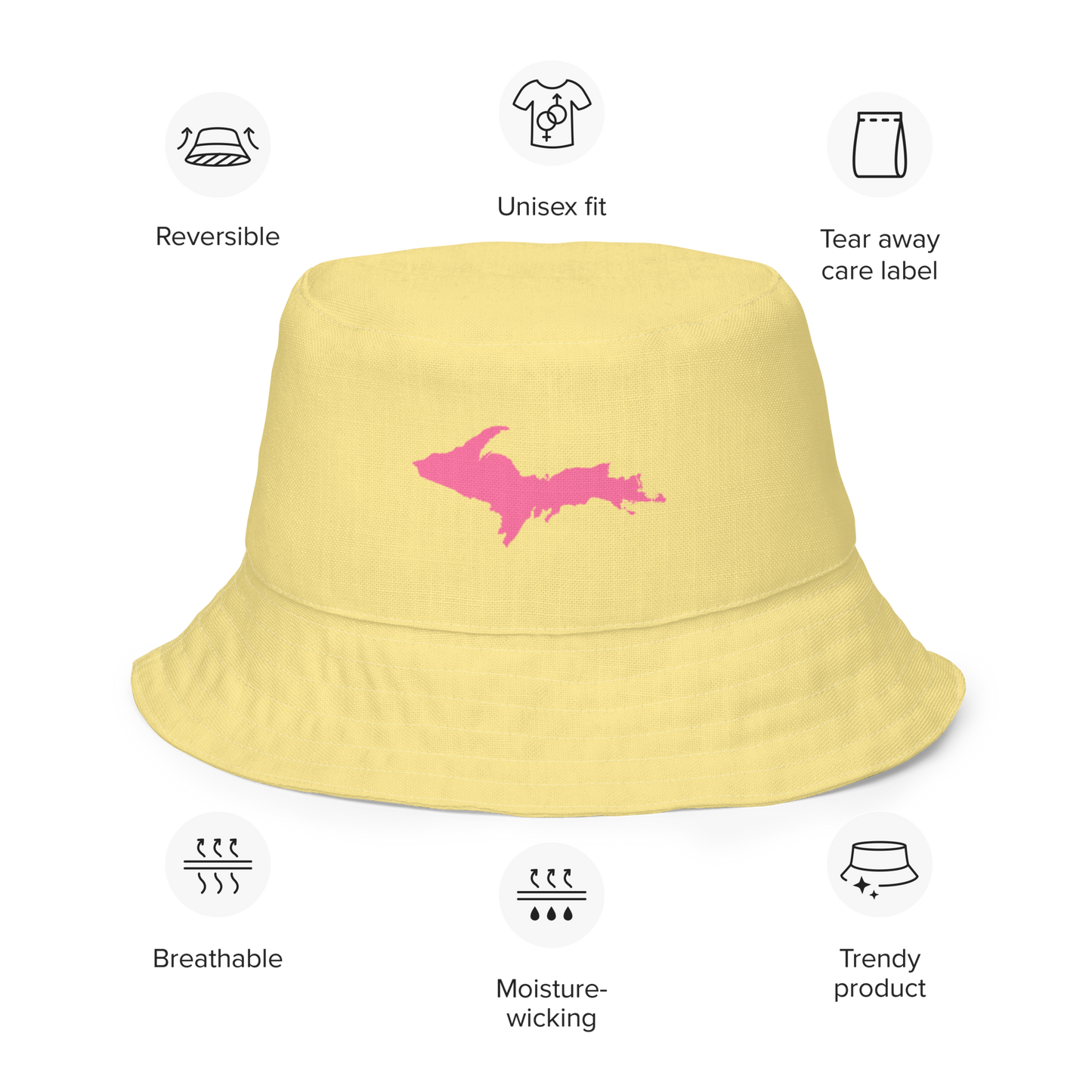 Michigan Upper Peninsula Bucket Hat (w/  Pink UP Outline) | Reversible - Cherry Yellow