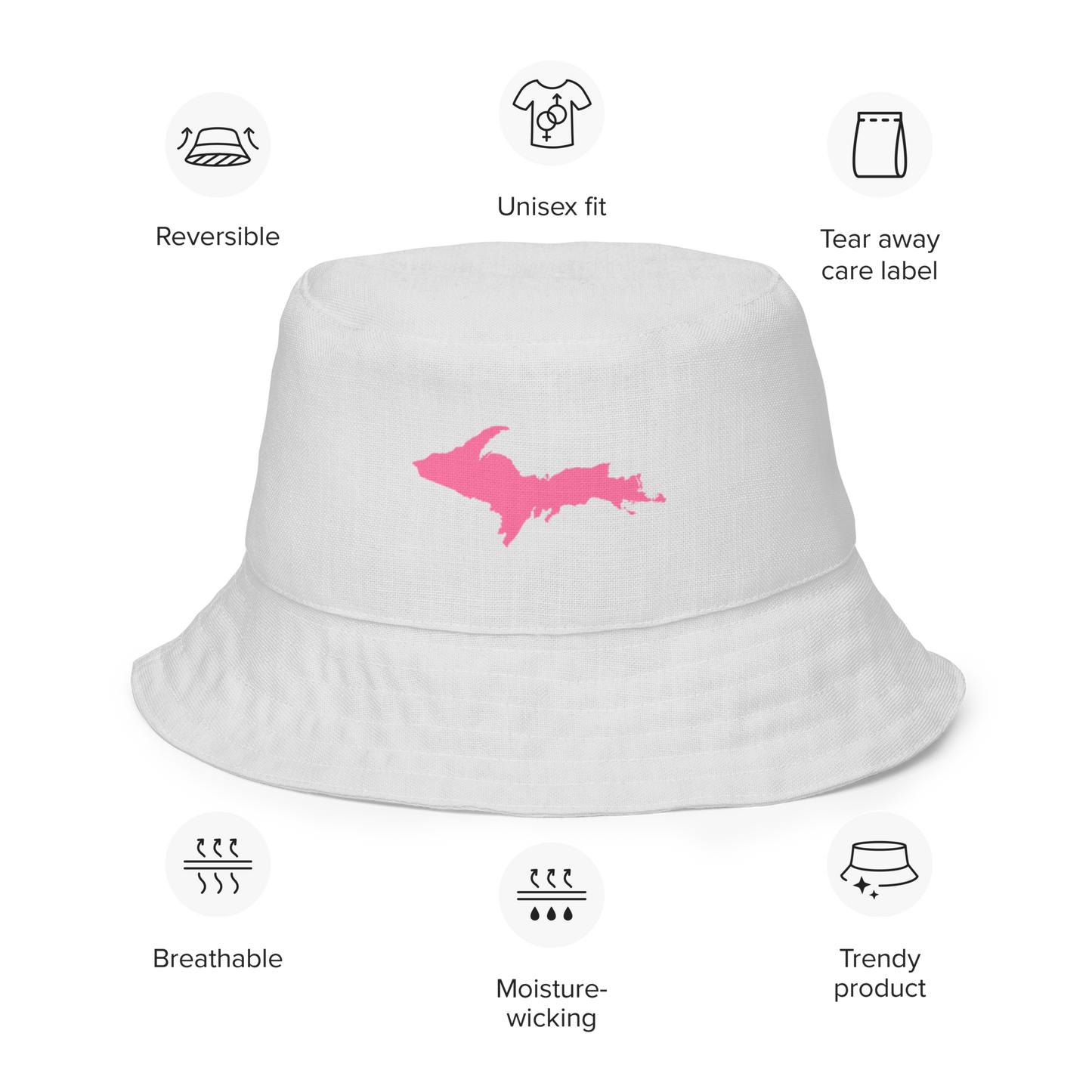 Michigan Upper Peninsula Bucket Hat (w/ Pink UP Outline) | Reversible - Birch Bark White