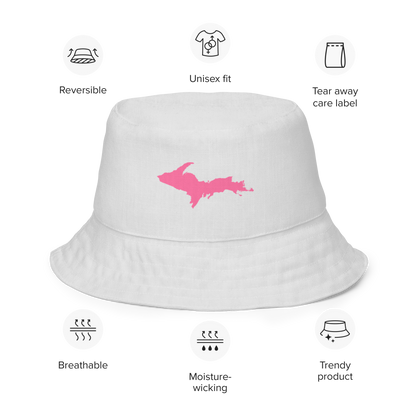 Michigan Upper Peninsula Bucket Hat (w/ Pink UP Outline) | Reversible - Birch Bark White