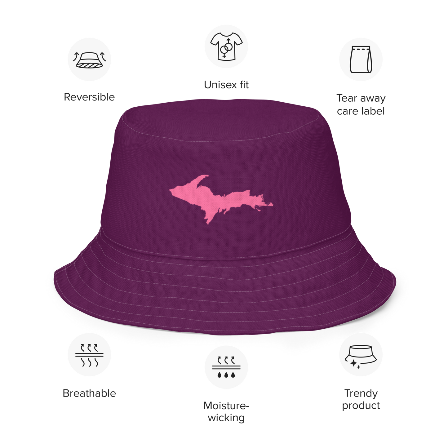 Michigan Upper Peninsula Bucket Hat (w/ Pink UP Outline) | Reversible - Tyrian Purple