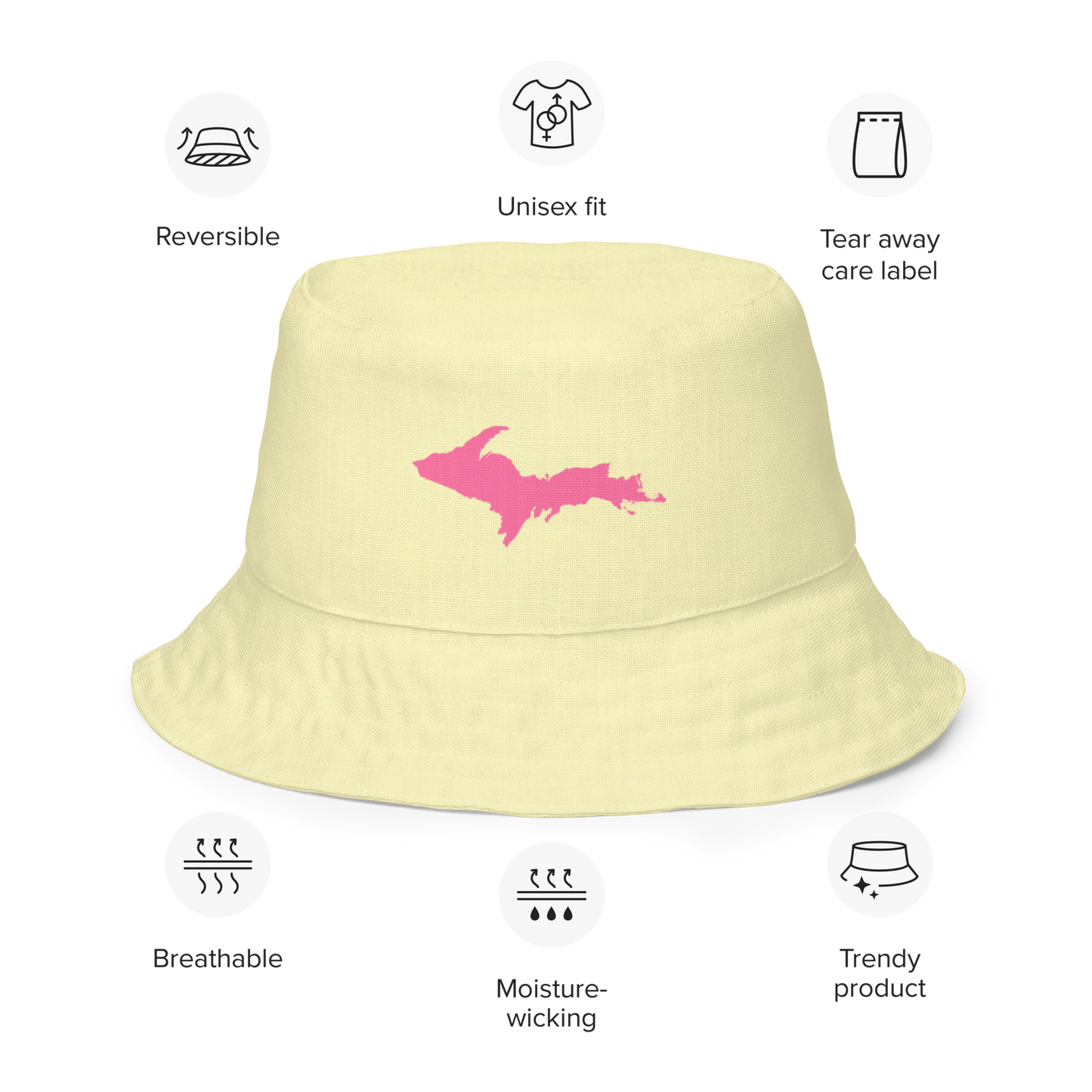 Michigan Upper Peninsula Bucket Hat (w/ Pink UP Outline) | Reversible - Canary Yellow