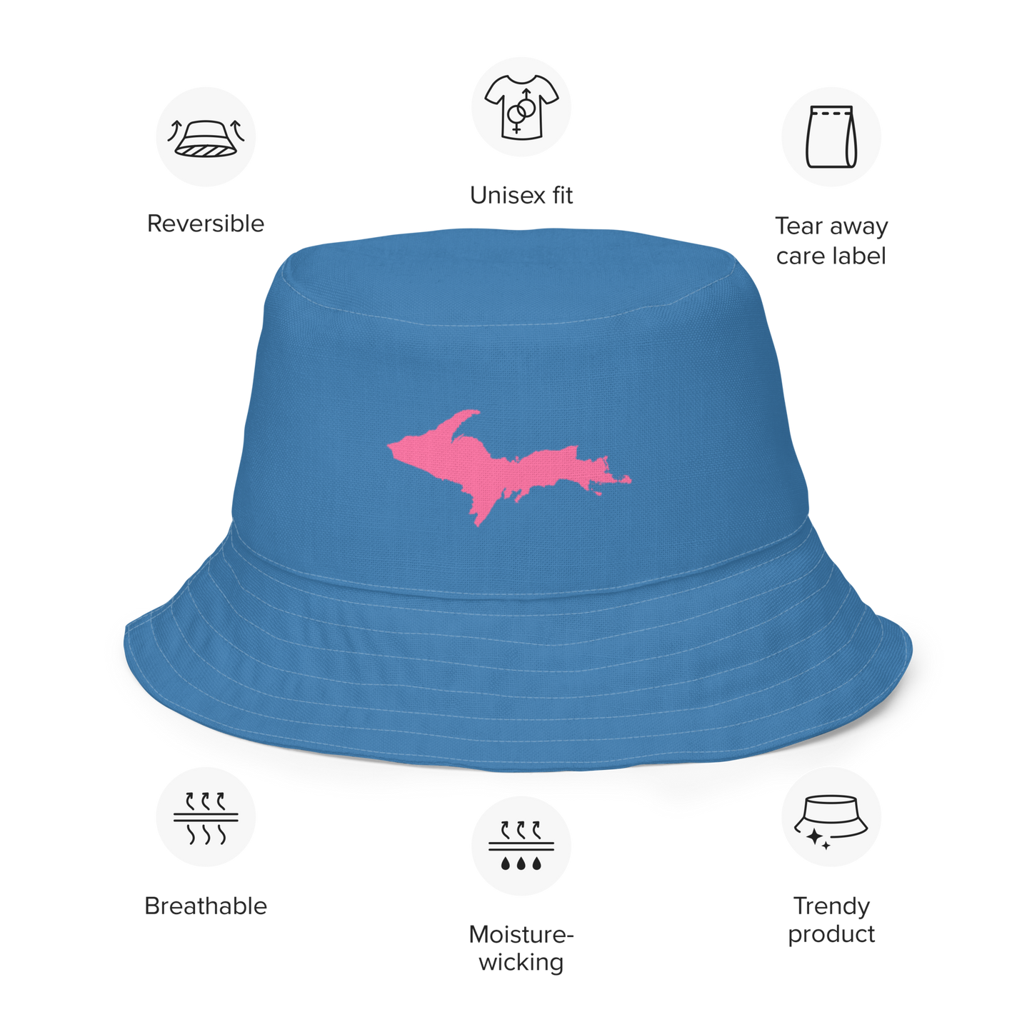 Michigan Upper Peninsula Bucket Hat (w/ Pink UP Outline) | Reversible - Lake Superior Blue