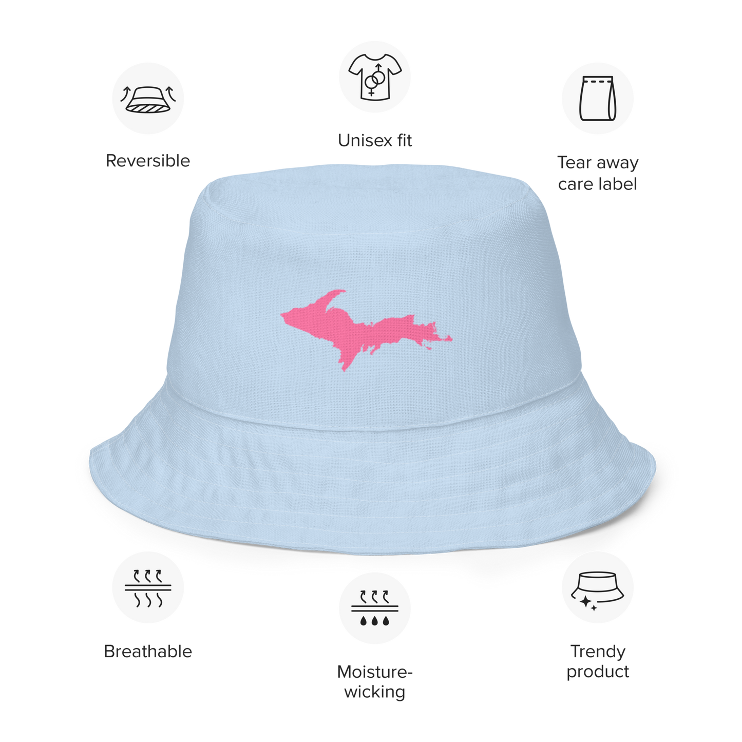 Michigan Upper Peninsula Bucket Hat (w/ Pink UP Outline) | Reversible - Baby Blue