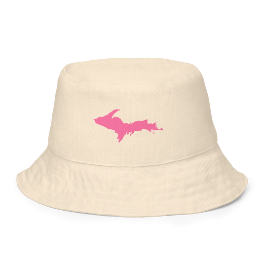 Michigan Upper Peninsula Bucket Hat (w/ Pink UP Outline) | Reversible - Champagne White