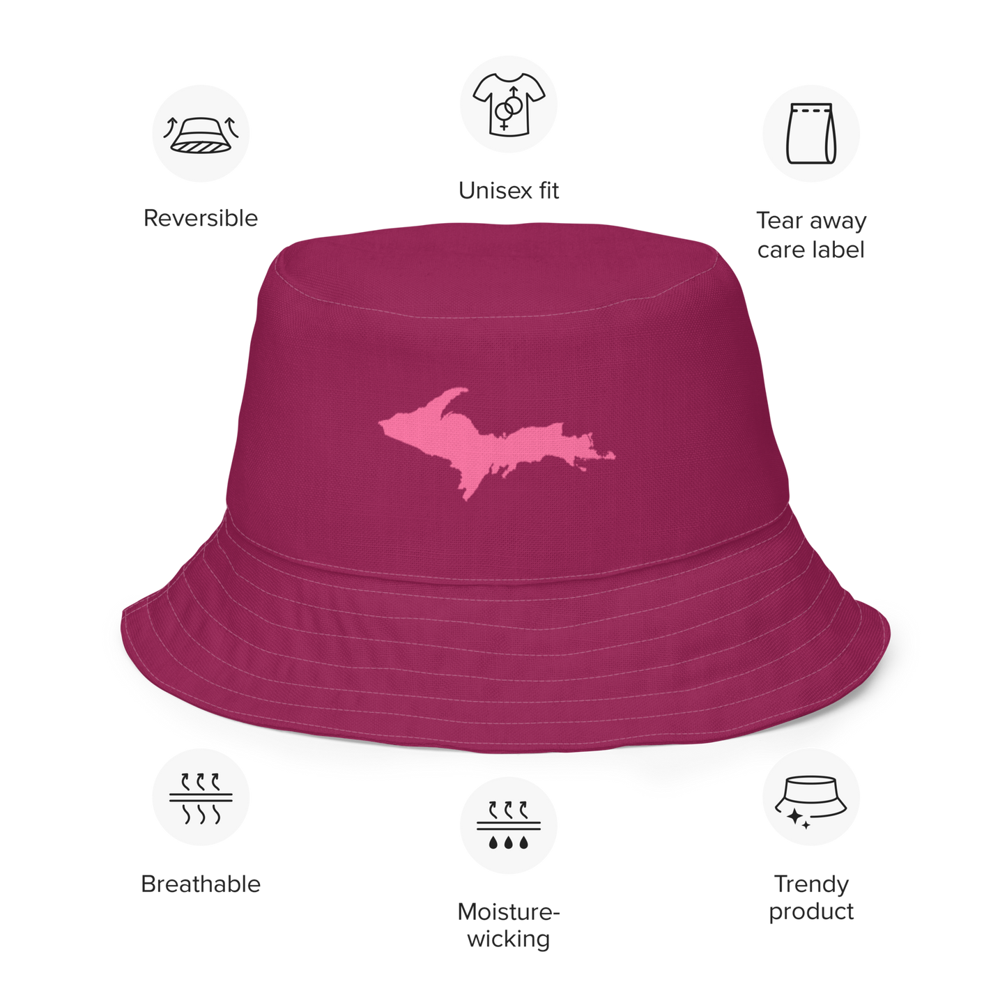 Michigan Upper Peninsula Bucket Hat (w/ Pink UP Outline) | Reversible - Ruby Red