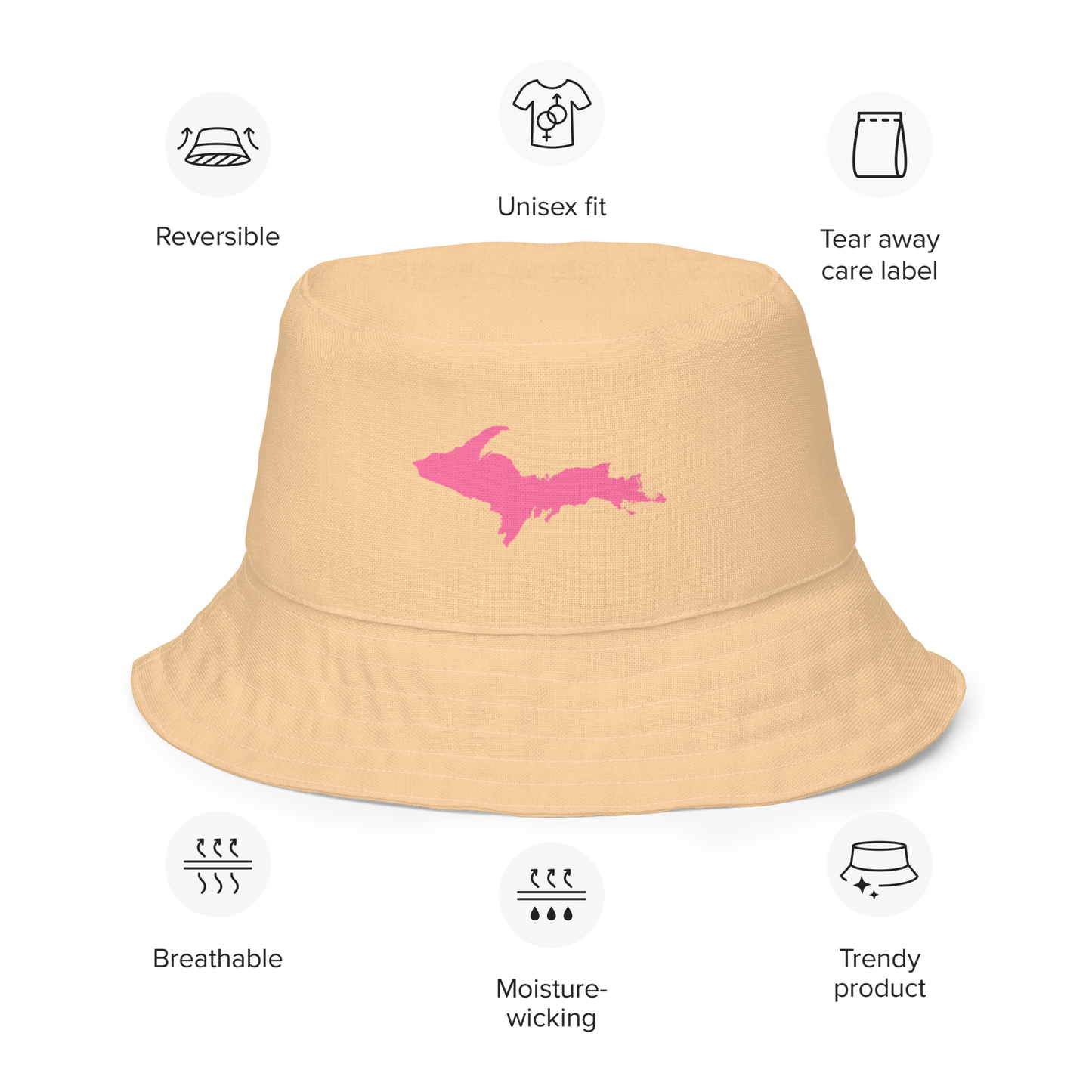 Michigan Upper Peninsula Bucket Hat (w/ Pink UP Outline) | Reversible - Pale Apricot