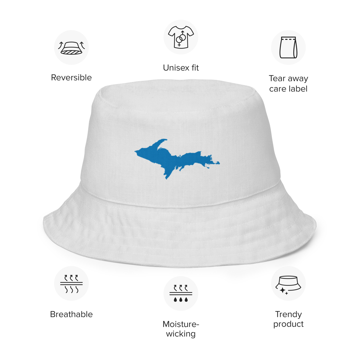 Michigan Upper Peninsula Bucket Hat (w/ Azure UP Outline) | Reversible - Birch Bark White