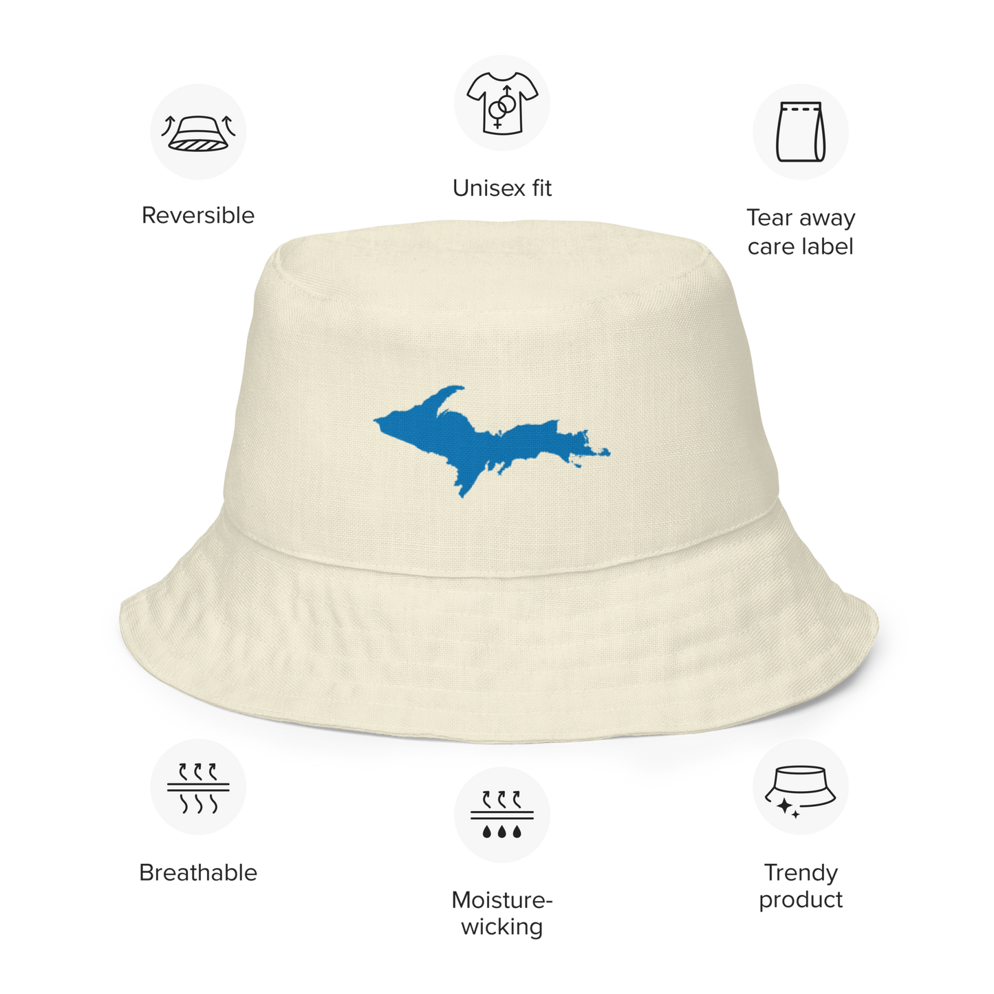 Michigan Upper Peninsula Bucket Hat (w/ Azure UP Outline) | Reversible - Ivory White