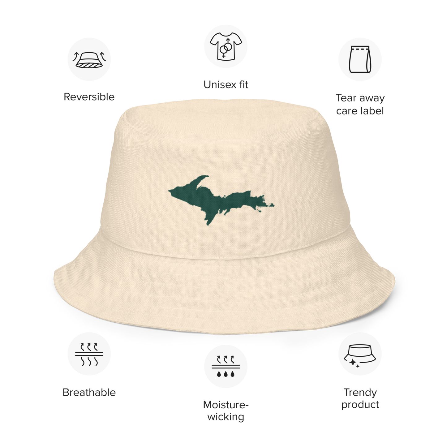 Michigan Upper Peninsula Bucket Hat (w/ Green UP Outline) | Reversible - Champagne White