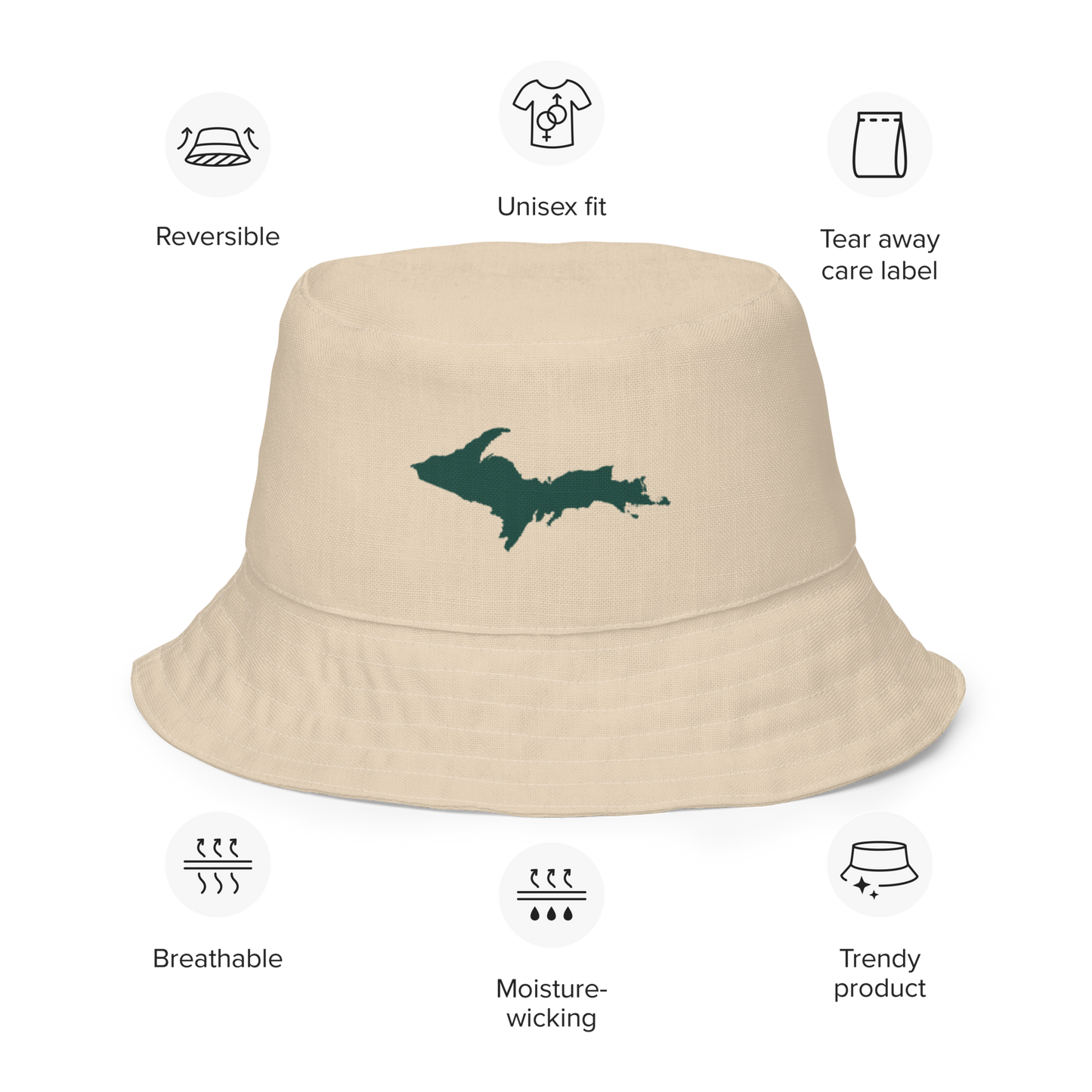 Michigan Upper Peninsula Bucket Hat (w/ Green UP Outline) | Reversible - Canvas Color