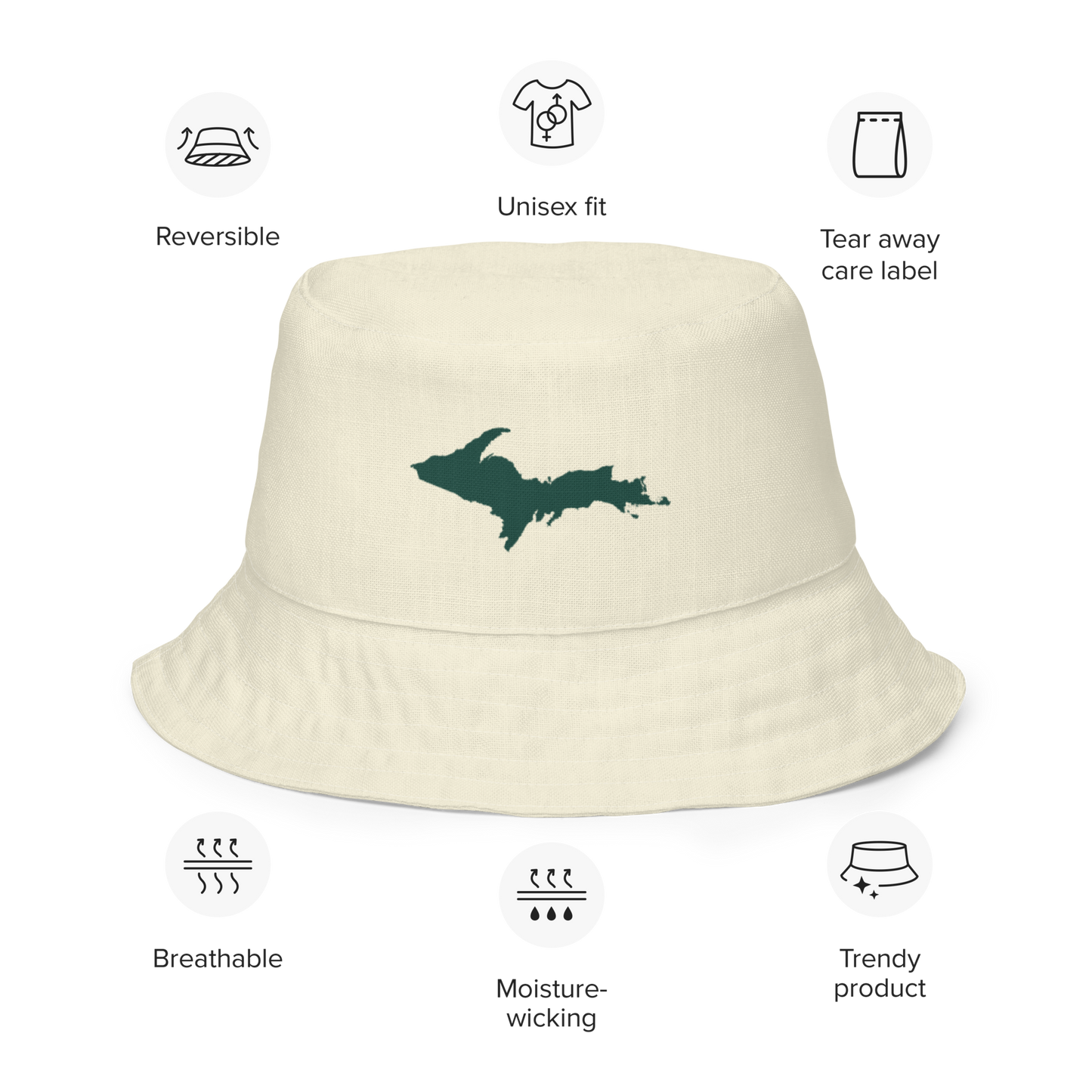 Michigan Upper Peninsula Bucket Hat (w/ Green UP Outline) | Reversible - Ivory White