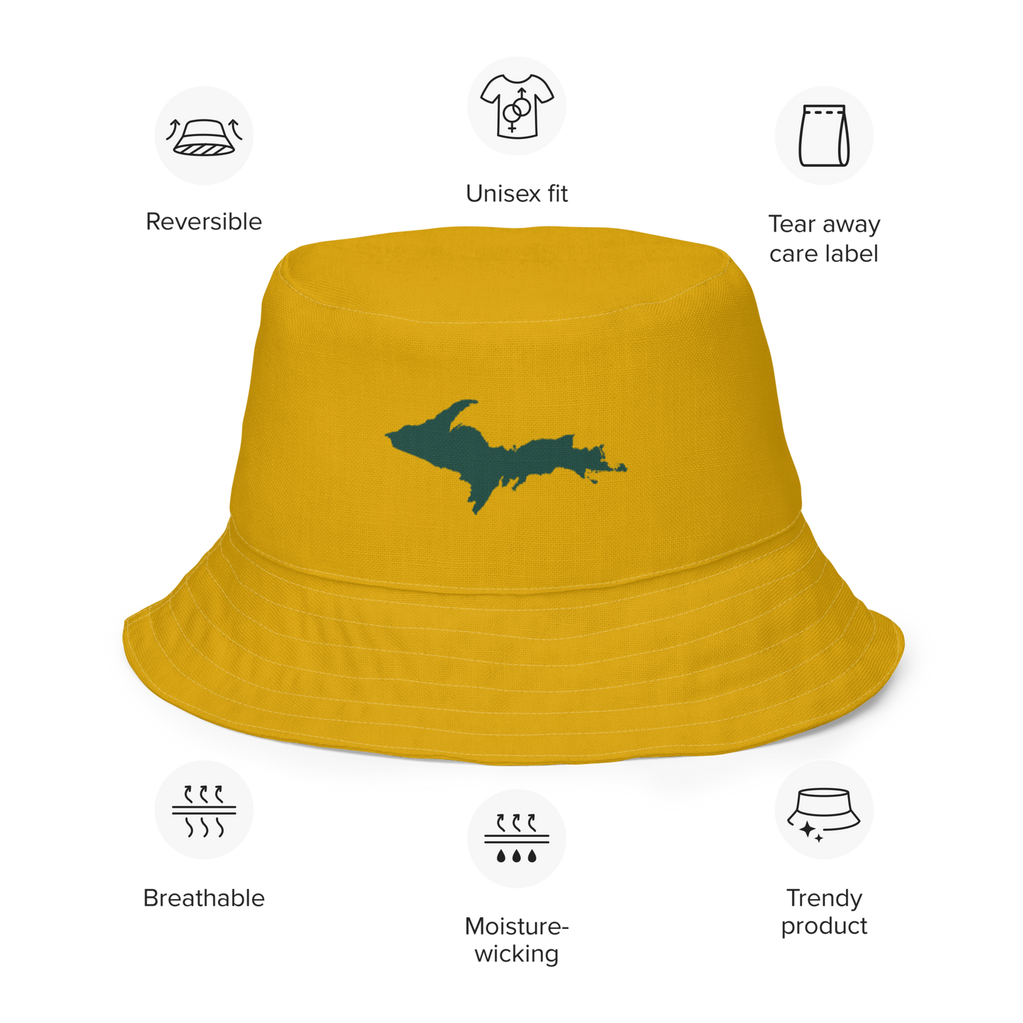 Michigan Upper Peninsula Bucket Hat (w/ Green UP Outline) | Reversible - Gold