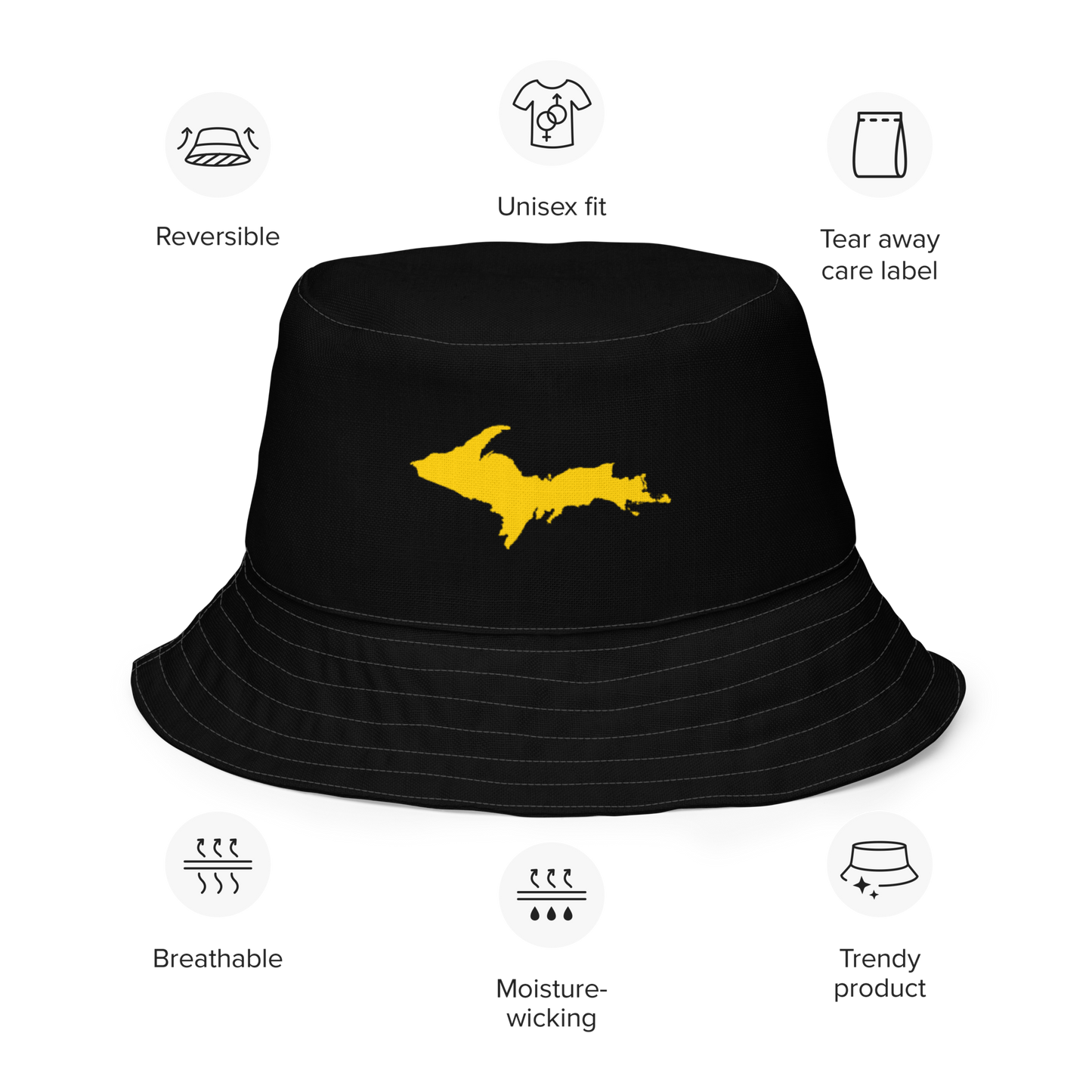 Michigan Upper Peninsula Bucket Hat (w/ Portage Gold UP Outline) | Reversible - Black