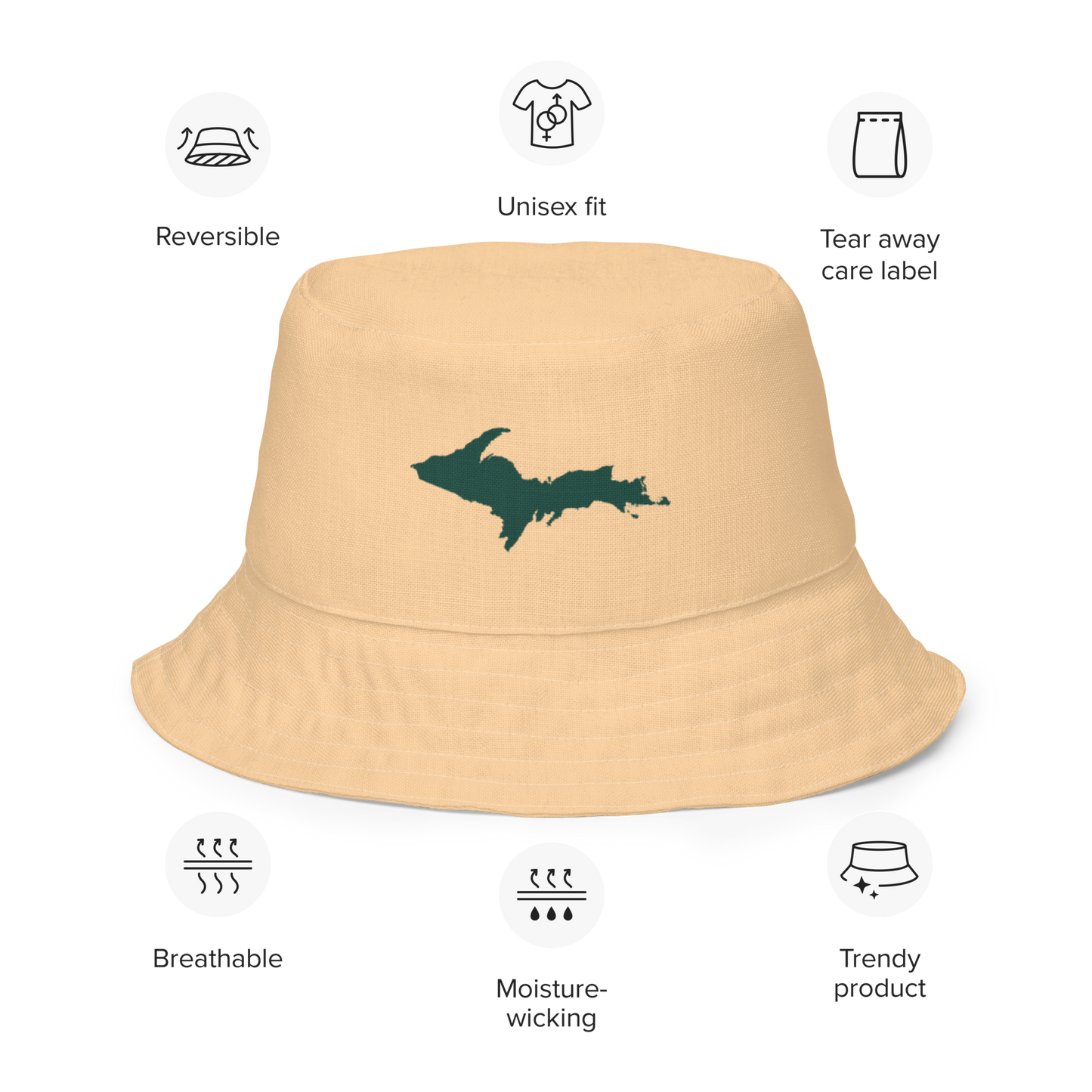 Michigan Upper Peninsula Bucket Hat (w/ Green UP Outline) | Reversible - Pale Apricot