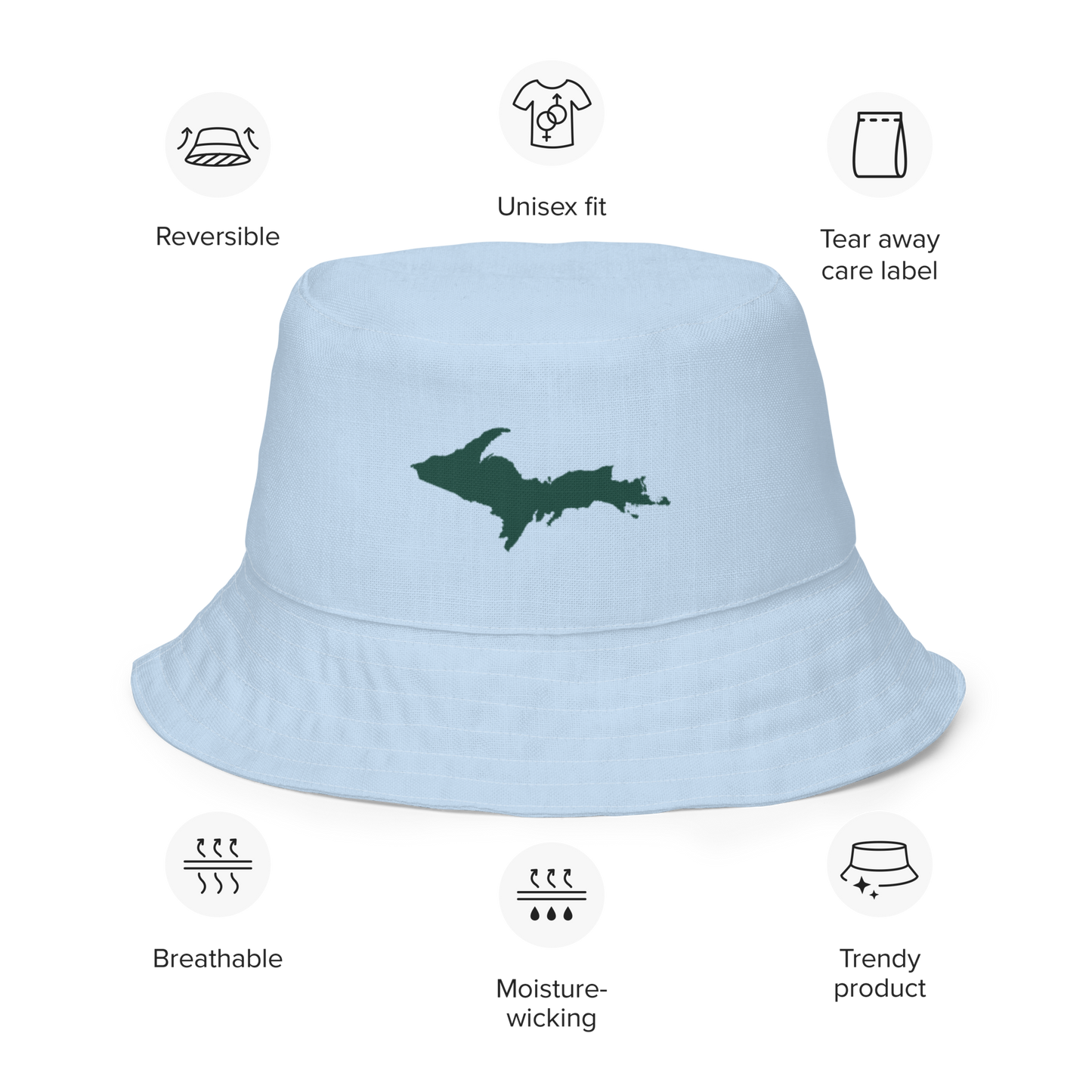 Michigan Upper Peninsula Bucket Hat (w/ Green UP Outline) | Reversible - Light Blue