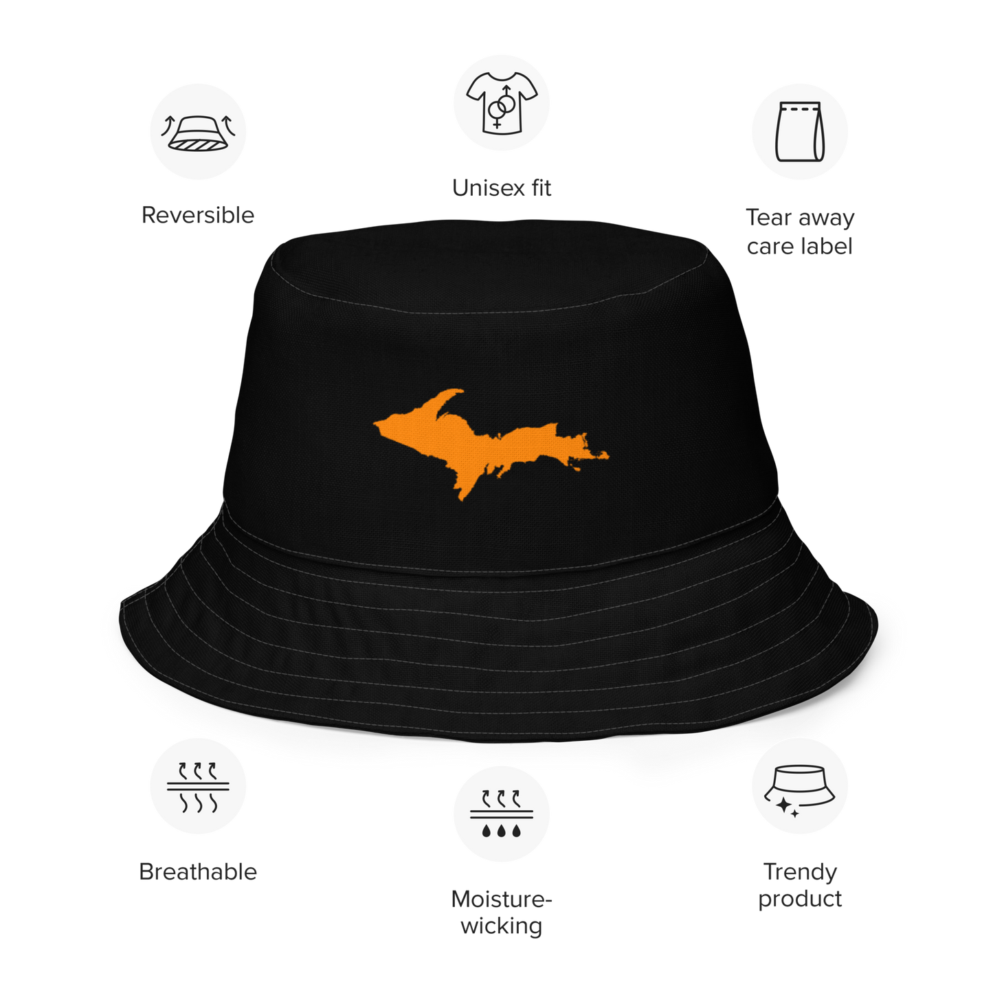 Michigan Upper Peninsula Bucket Hat (w/ Orange UP Outline) | Reversible - Black