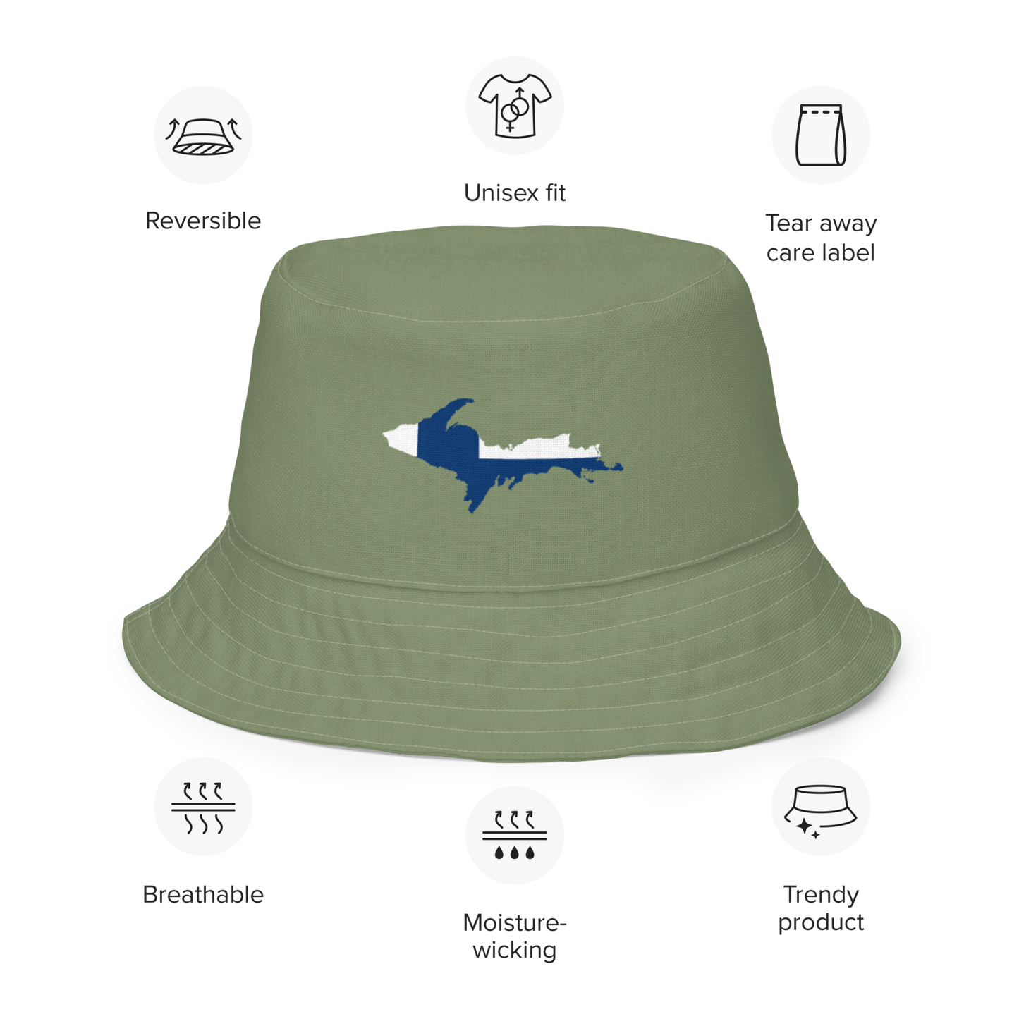 Michigan Upper Peninsula Bucket Hat (w/ UP Finland Flag) | Reversible - Camo Green