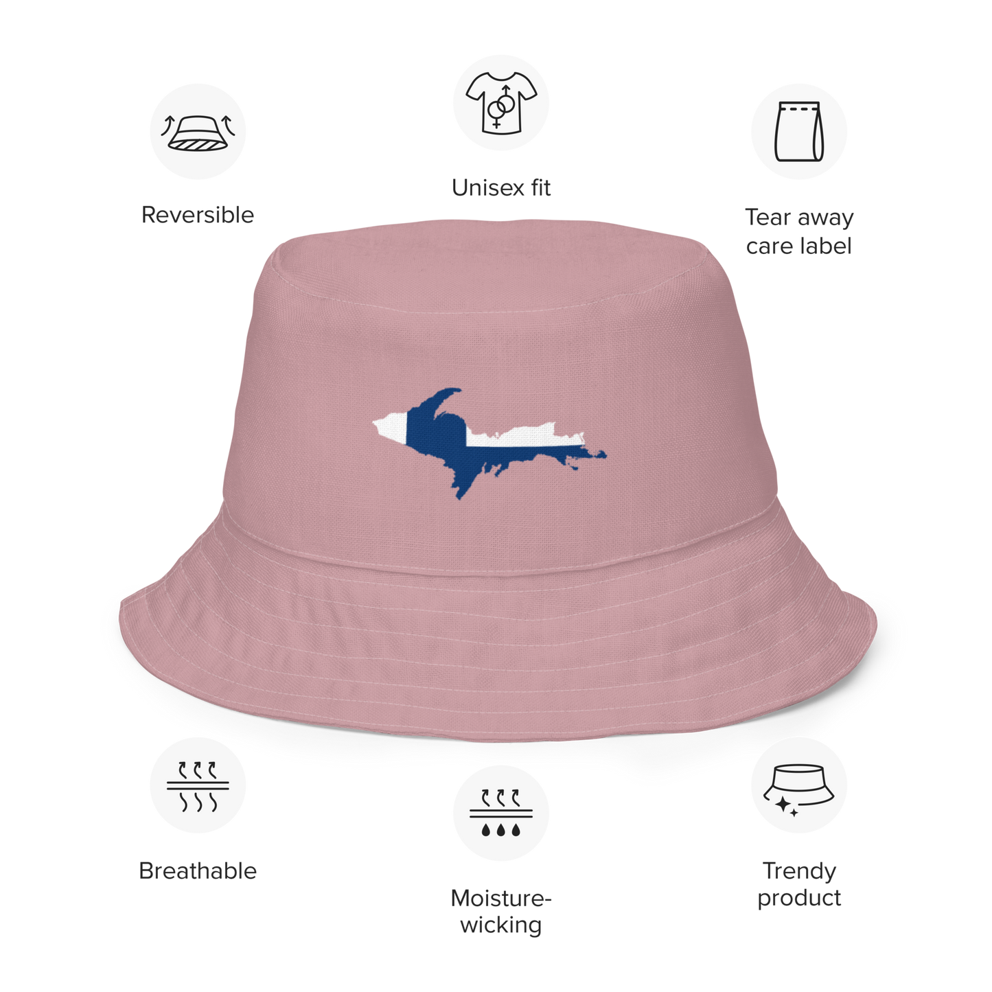 Michigan Upper Peninsula Bucket Hat (w/ UP Finland Flag) | Reversible - Cherry Blossom Pink