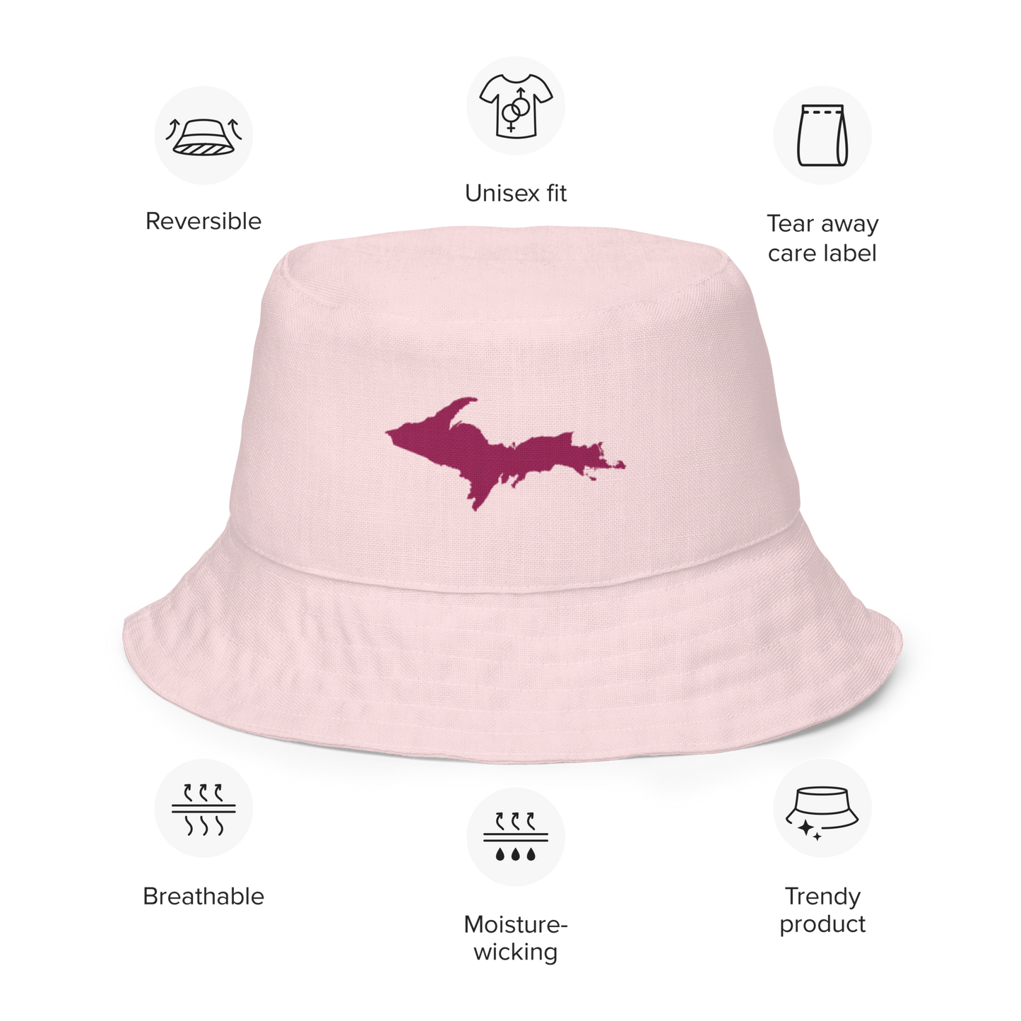 Michigan Upper Peninsula Bucket Hat (w/ Ruby Red UP Outline) | Reversible - Pale Pink