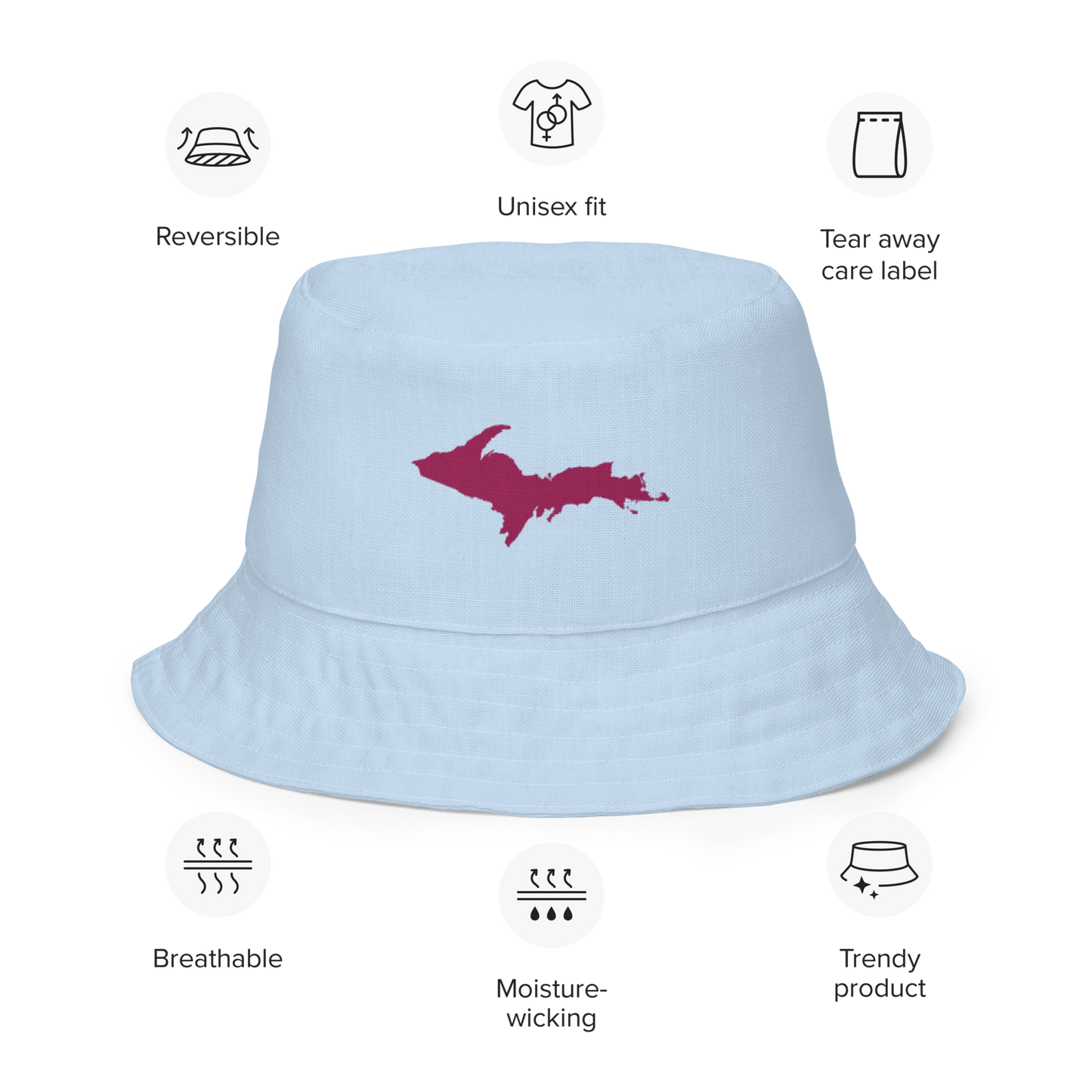 Michigan Upper Peninsula Bucket Hat (w/ Ruby Red UP Outline) | Reversible - Light Blue