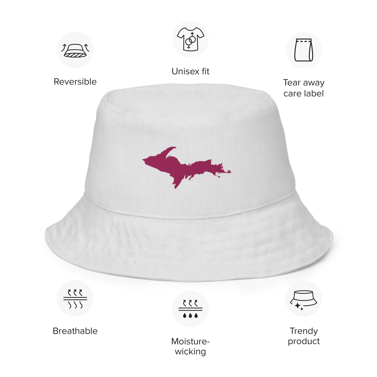 Michigan Upper Peninsula Bucket Hat (w/ Ruby Red UP Outline) | Reversible - Birch Bark White