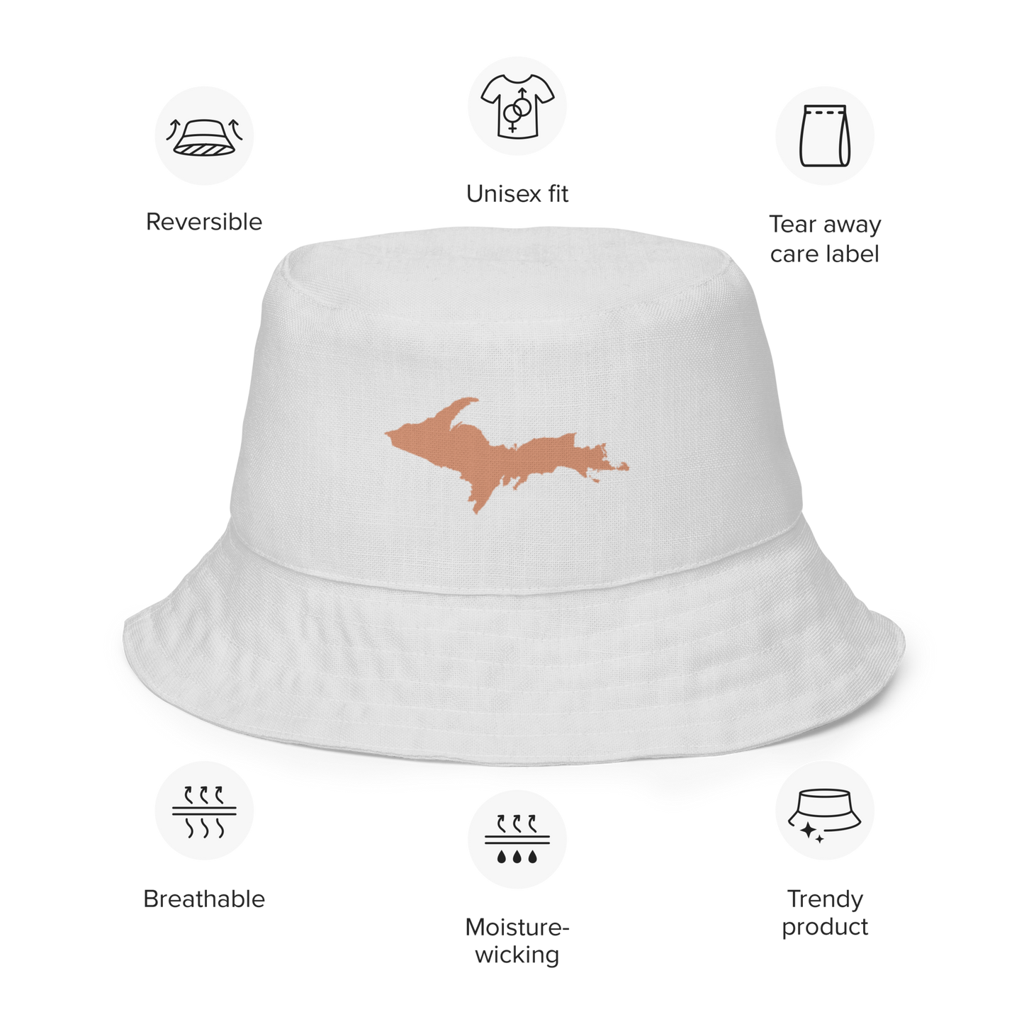 Michigan Upper Peninsula Bucket Hat (w/ Copper UP Outline) | Reversible - Birch Bark White