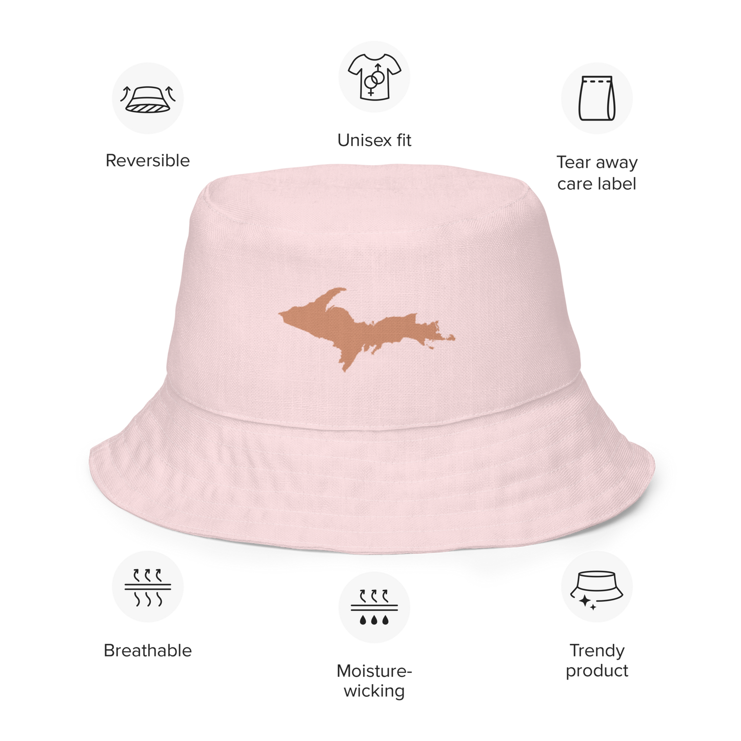 Michigan Upper Peninsula Bucket Hat (w/ Copper UP Outline) | Reversible - Pale Pink