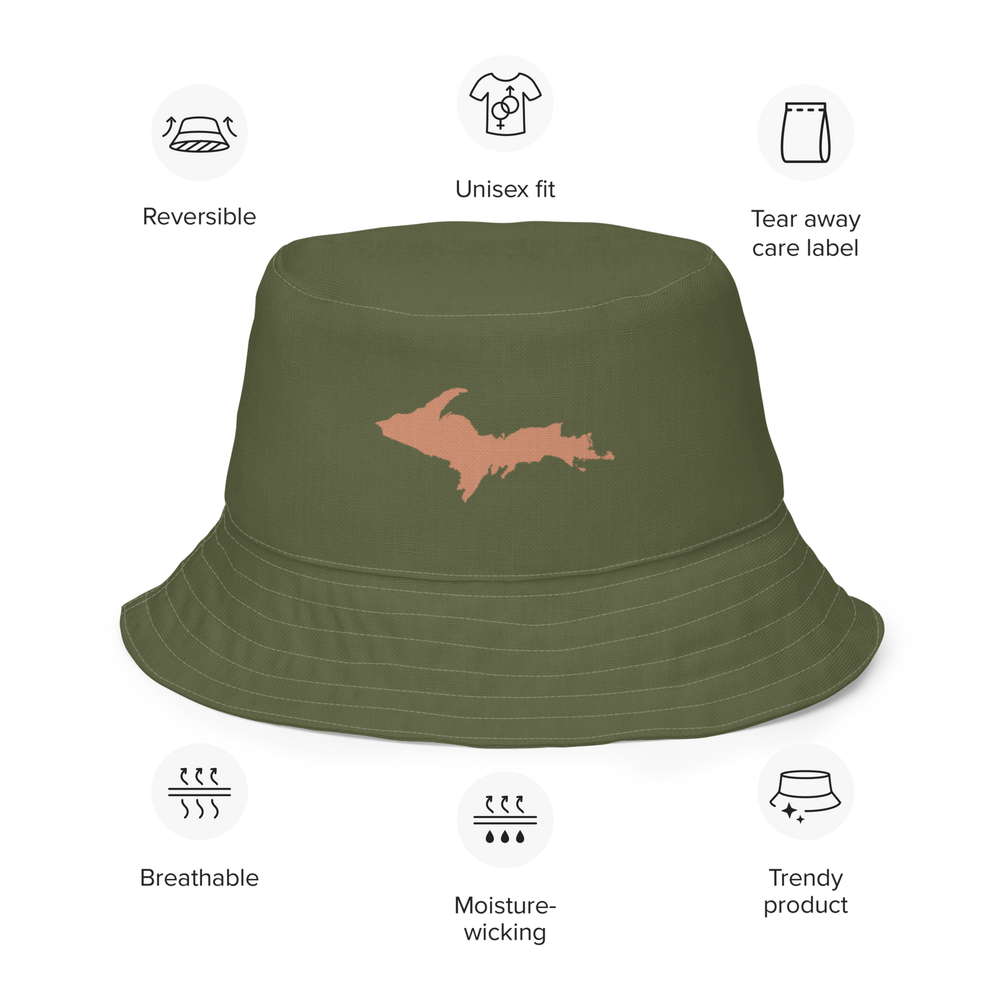 Michigan Upper Peninsula Bucket Hat (w/ Copper UP Outline) | Reversible - Army Green