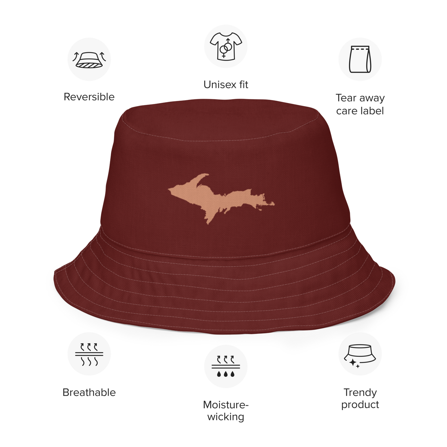 Michigan Upper Peninsula Bucket Hat (w/ Copper UP Outline) | Reversible - Cherrywood Color