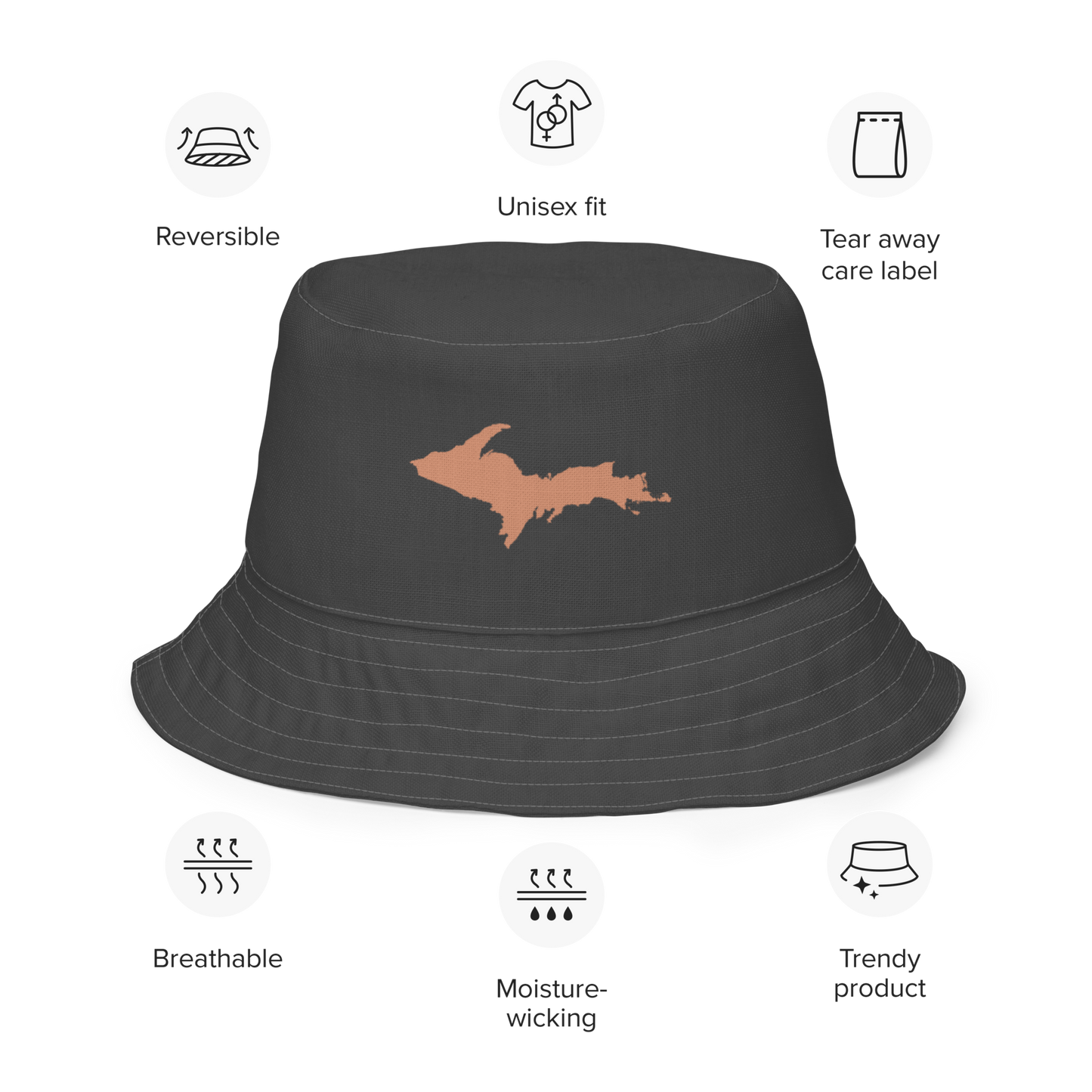 Michigan Upper Peninsula Bucket Hat (w/ Copper UP Outline) | Reversible - Iron Ore Grey