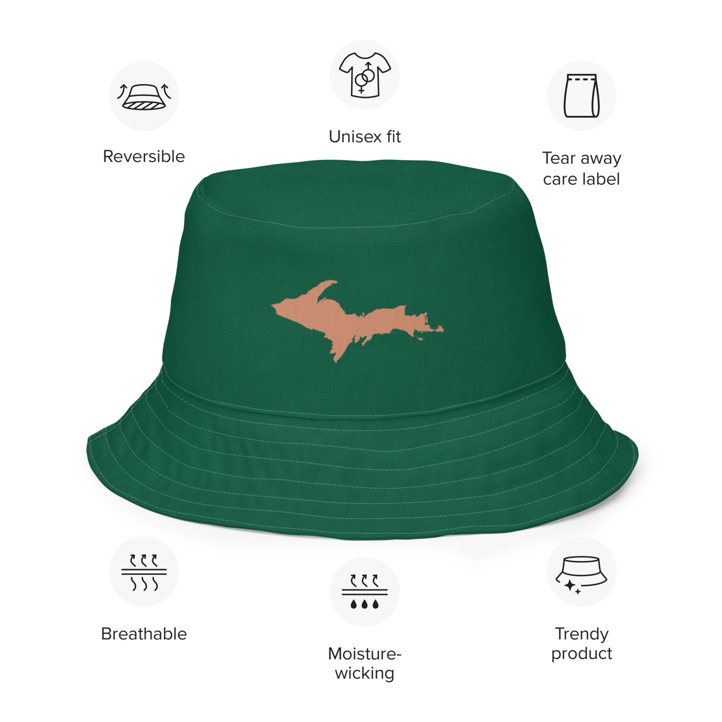 Michigan Upper Peninsula Bucket Hat (w/ Copper UP Outline) | Reversible - Superior Green