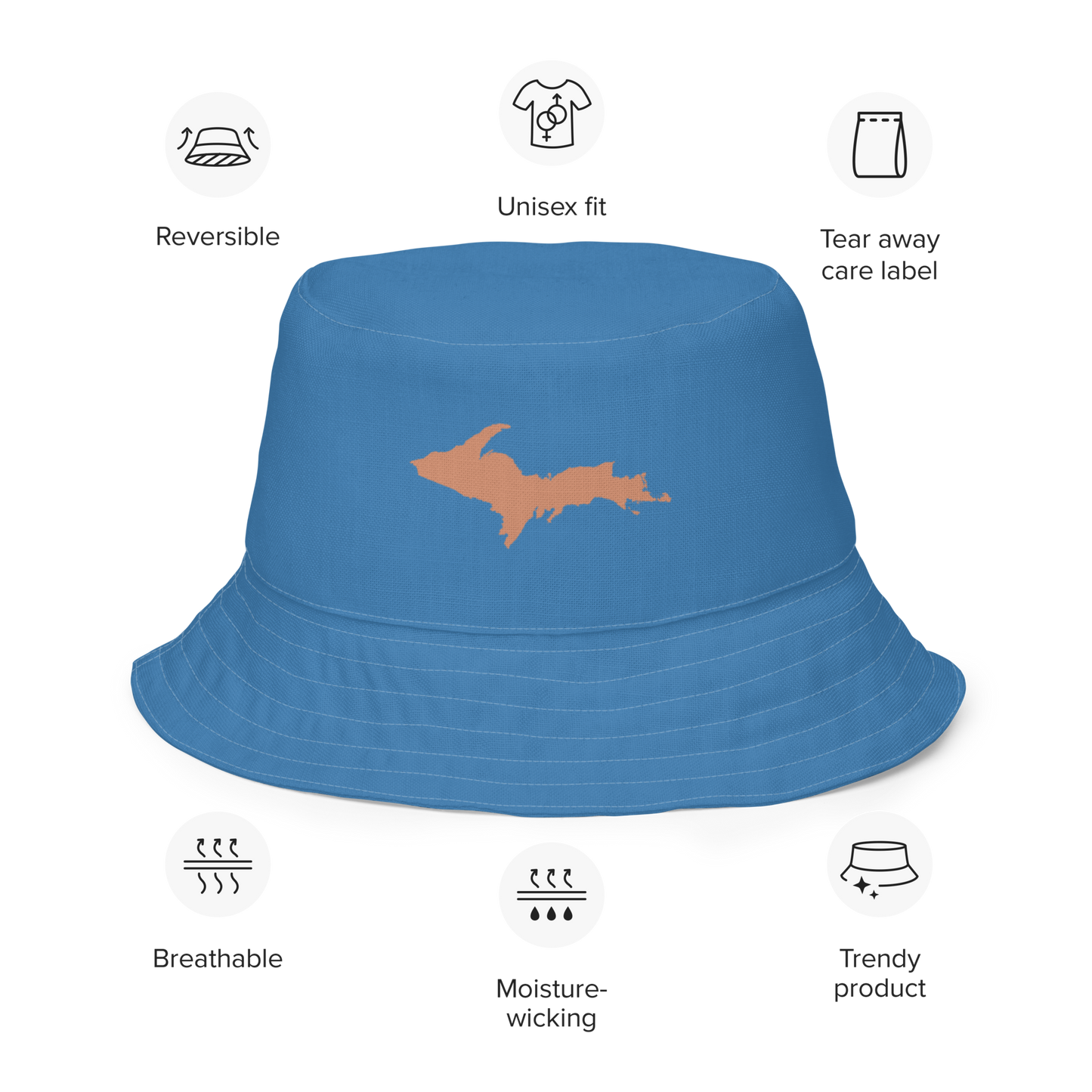 Michigan Upper Peninsula Bucket Hat (w/ Copper UP Outline) | Reversible - Lake Superior Blue