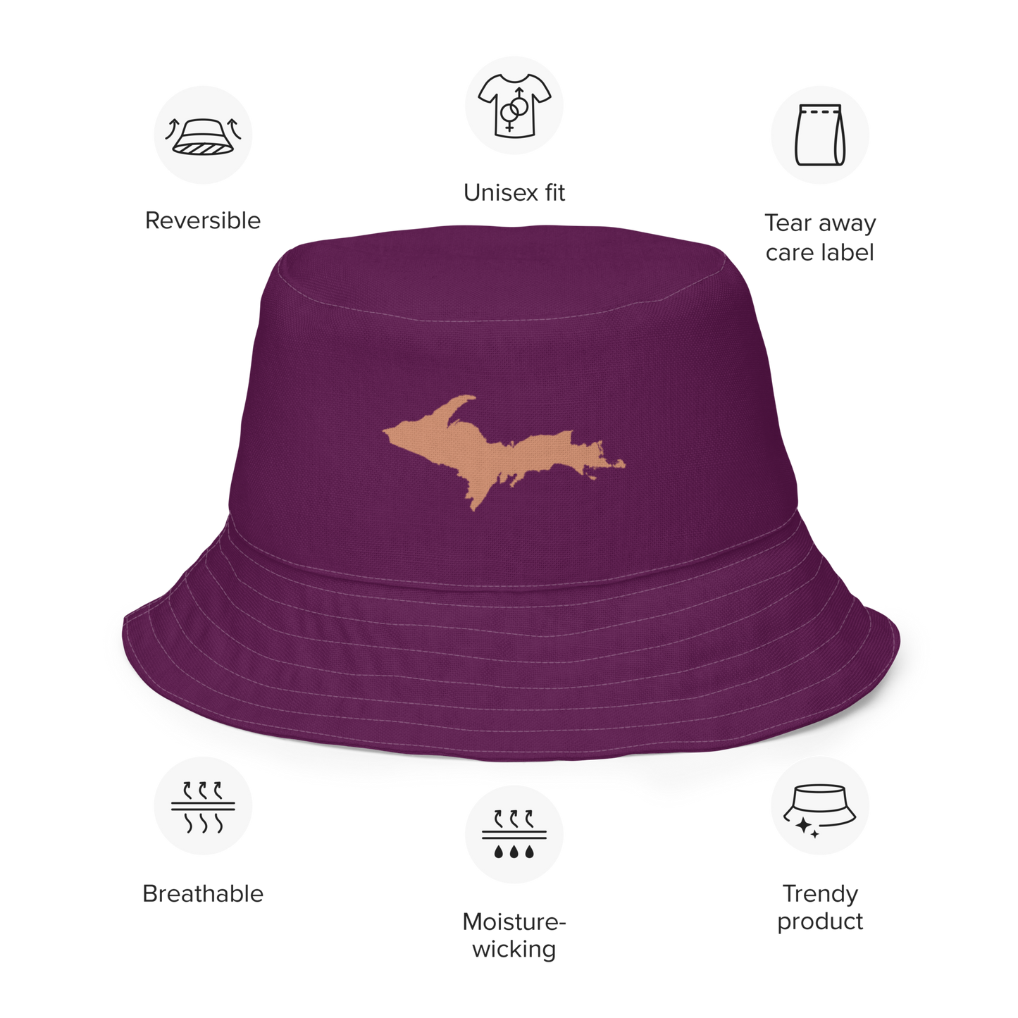 Michigan Upper Peninsula Bucket Hat (w/ Copper UP Outline) | Reversible - Tyrian Purple