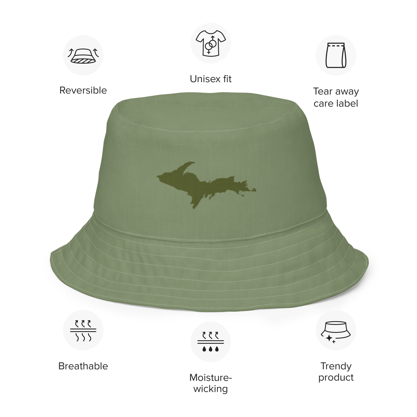 Michigan Upper Peninsula Bucket Hat (w/ Army Green UP Outline) | Reversible - Camo Green