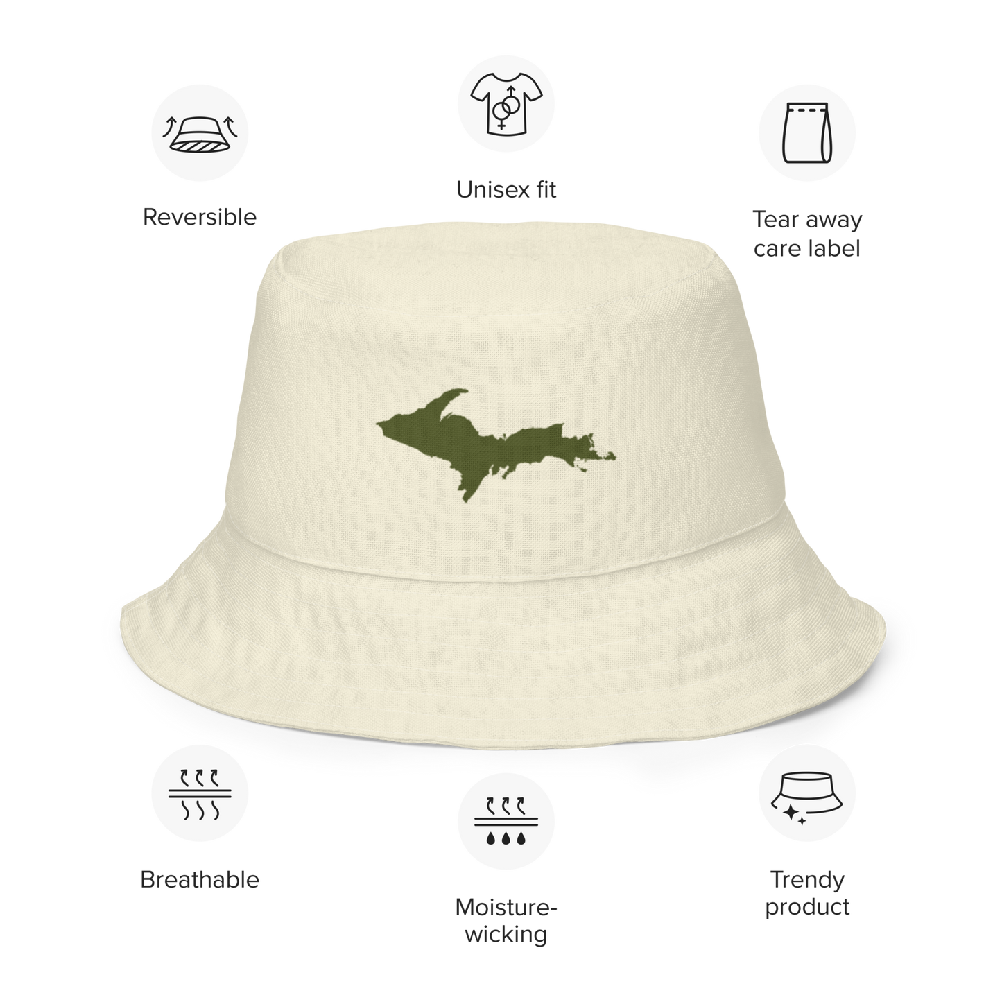 Michigan Upper Peninsula Bucket Hat (w/ Army Green UP Outline) | Reversible - Ivory Color