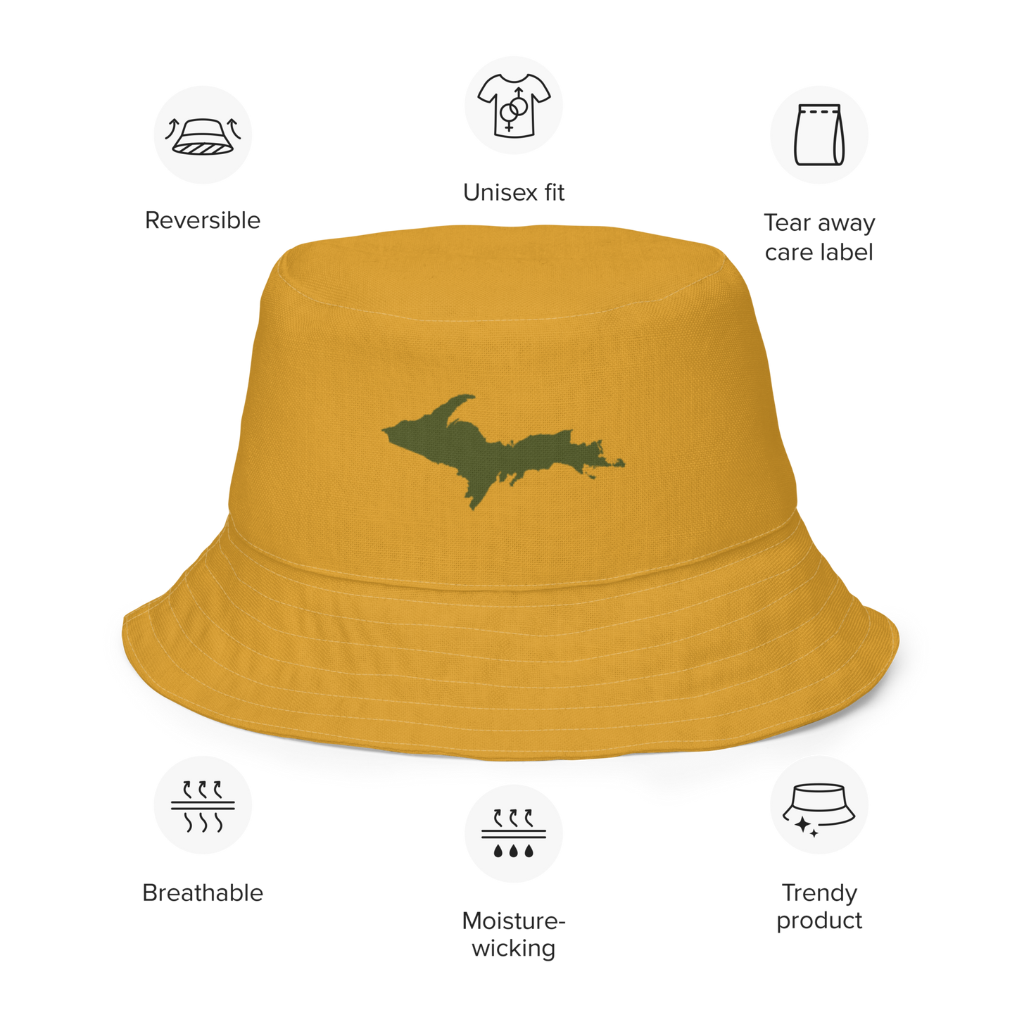 Michigan Upper Peninsula Bucket Hat (w/ Army Green UP Outline) | Reversible - Gold