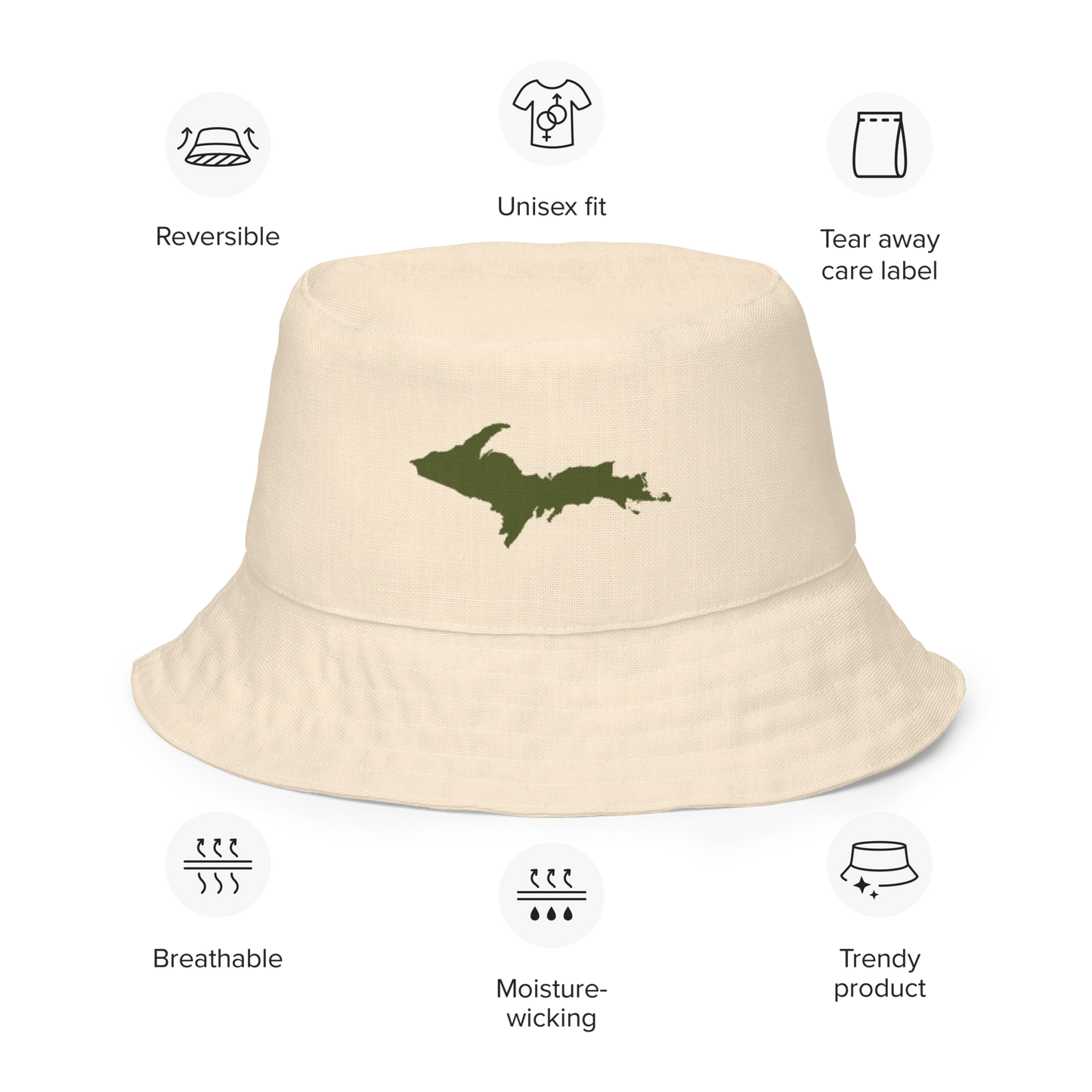 Michigan Upper Peninsula Bucket Hat (w/ Army Green UP Outline) | Reversible - Champagne White