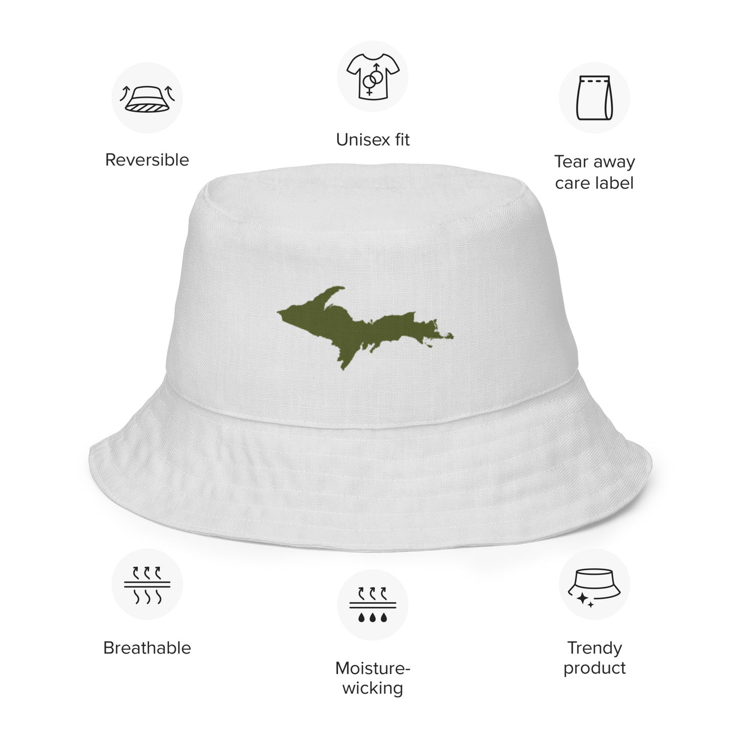 Michigan Upper Peninsula Bucket Hat (w/ Army Green UP Outline) | Reversible - Birch Bark White