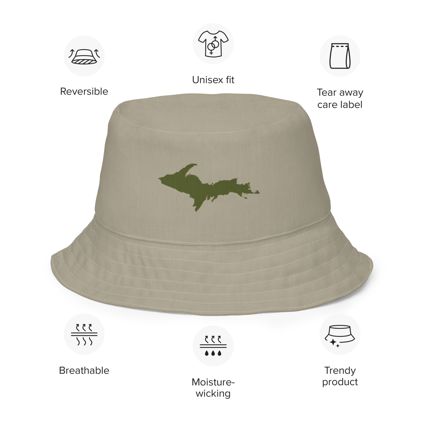 Michigan Upper Peninsula Bucket Hat (w/ Army Green UP Outline) | Reversible - Petoskey Stone Beige